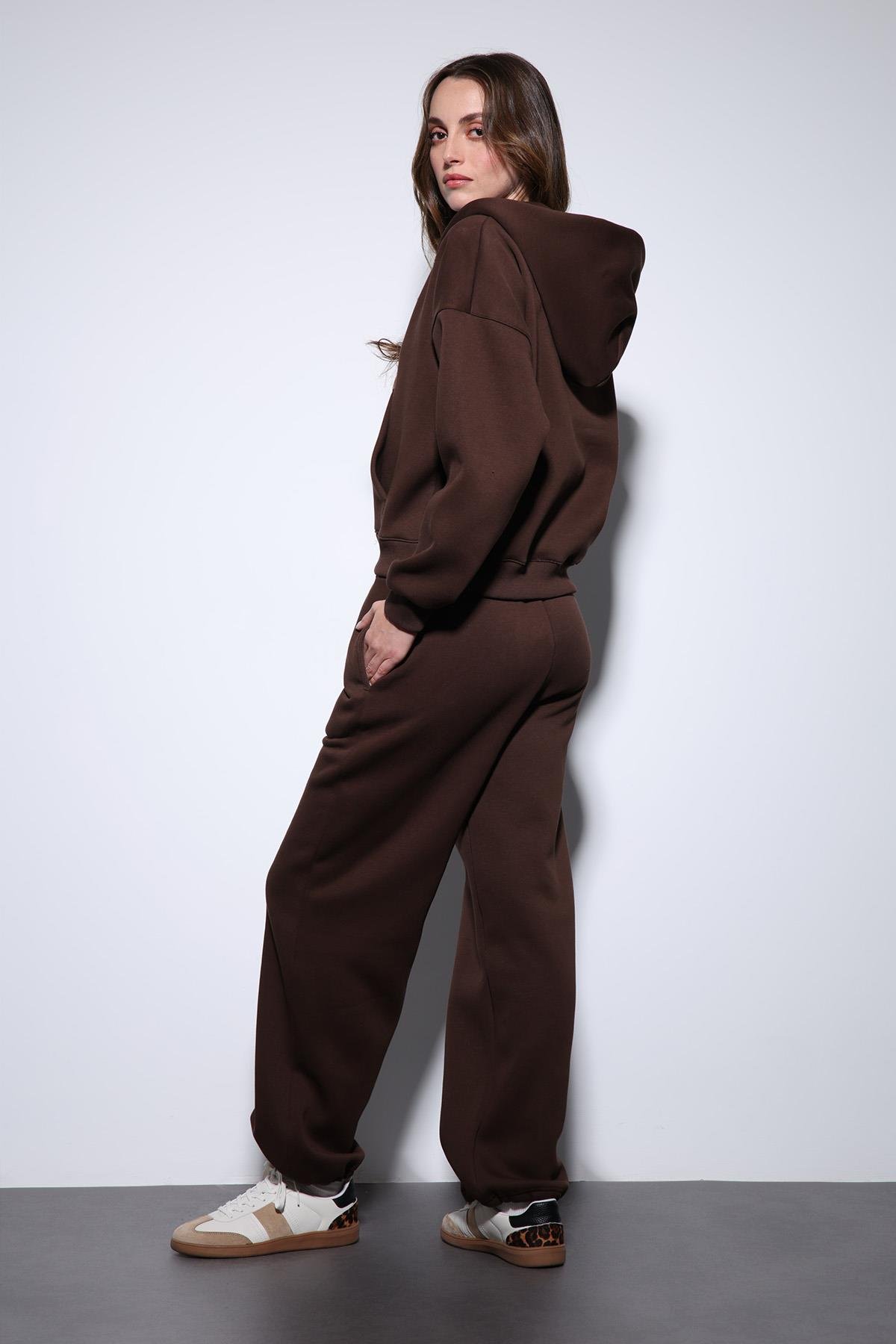 Antioch Kahve Kapüşonlu Sweatshirt Kadın Eşofman Takım