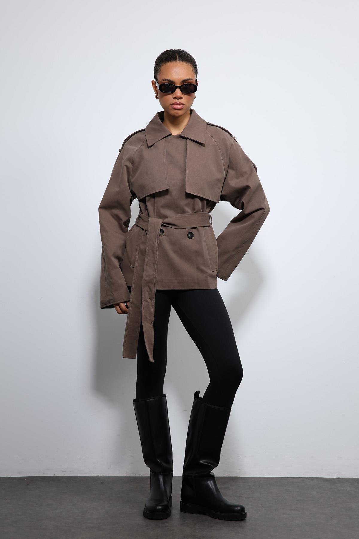 Antioch Kahve Kemerli Kısa Trençkot