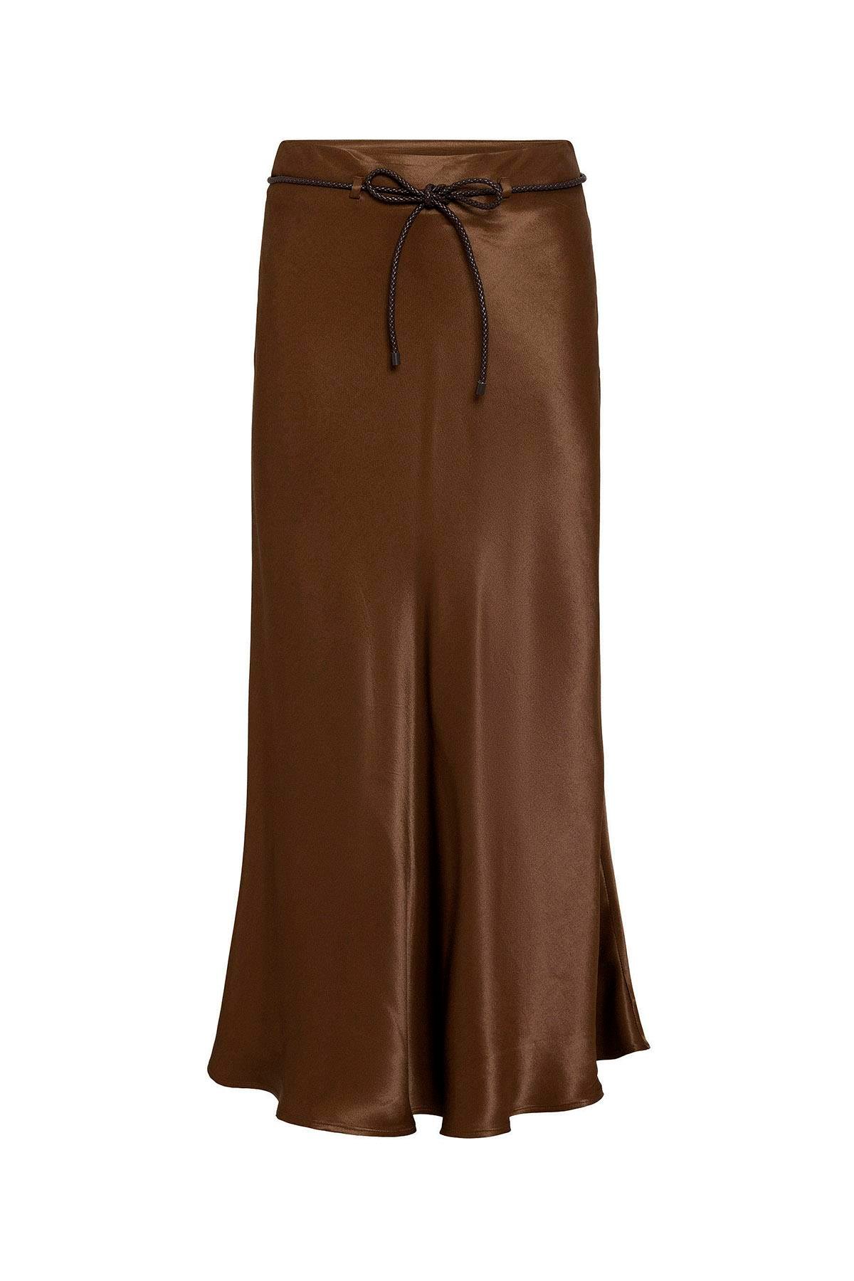 Antioch Kahve Kemerli Saten Uzun Kadın Etek