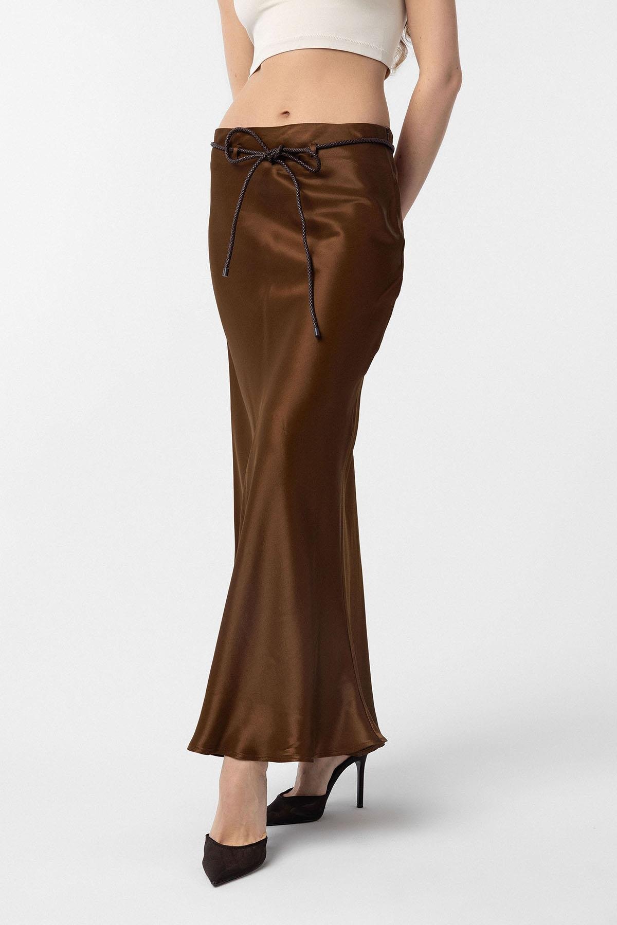 Antioch Kahve Kemerli Saten Uzun Kadın Etek