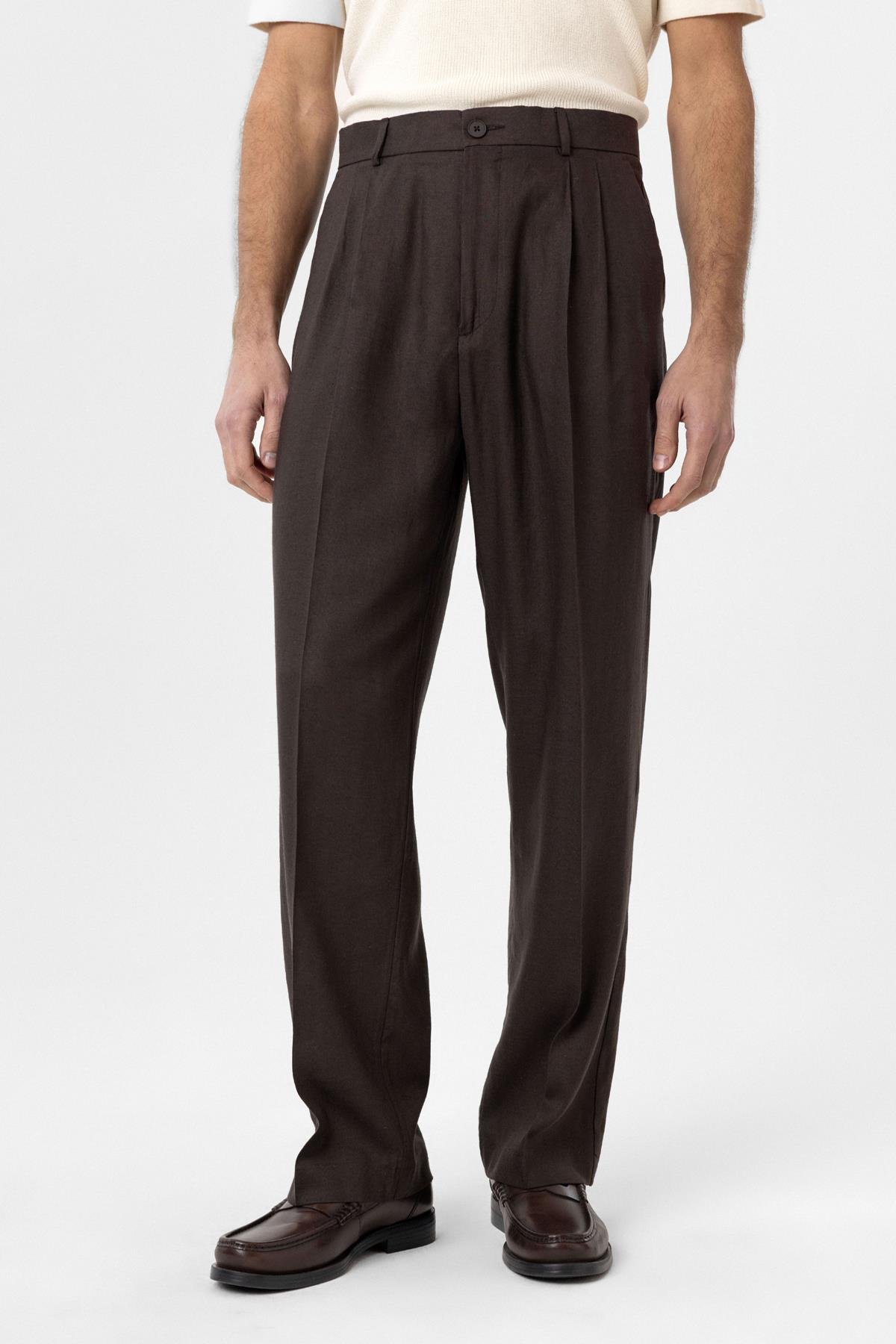 Antioch Kahve Keten Karışımlı Erkek Baggy Pantolon