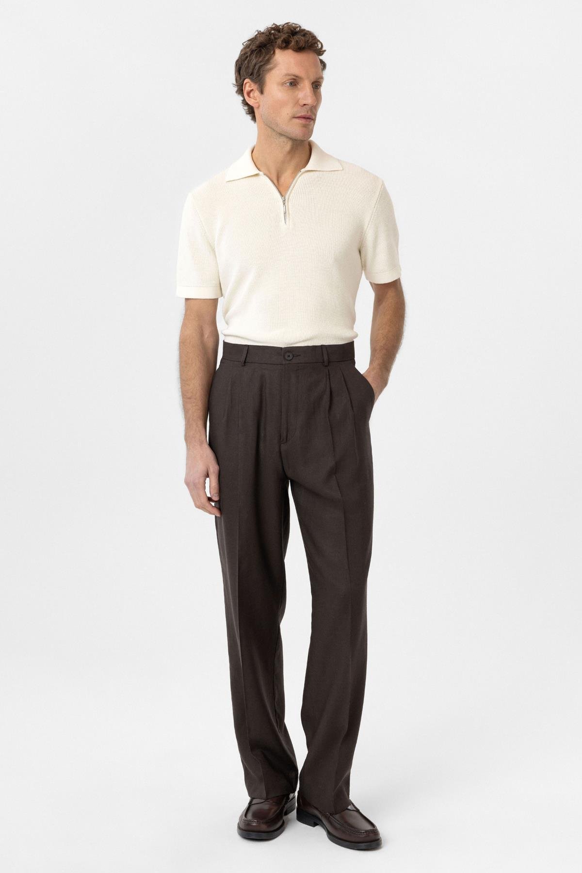 Antioch Kahve Keten Karışımlı Erkek Baggy Pantolon