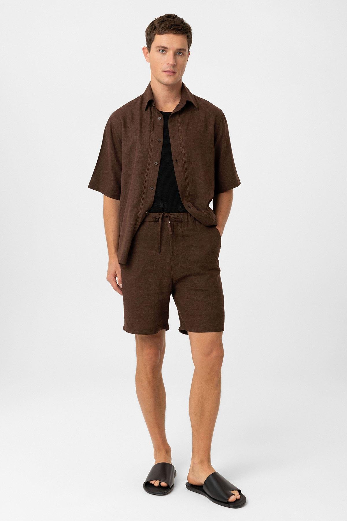 Antioch Kahve Keten Karışımlı Erkek Şort