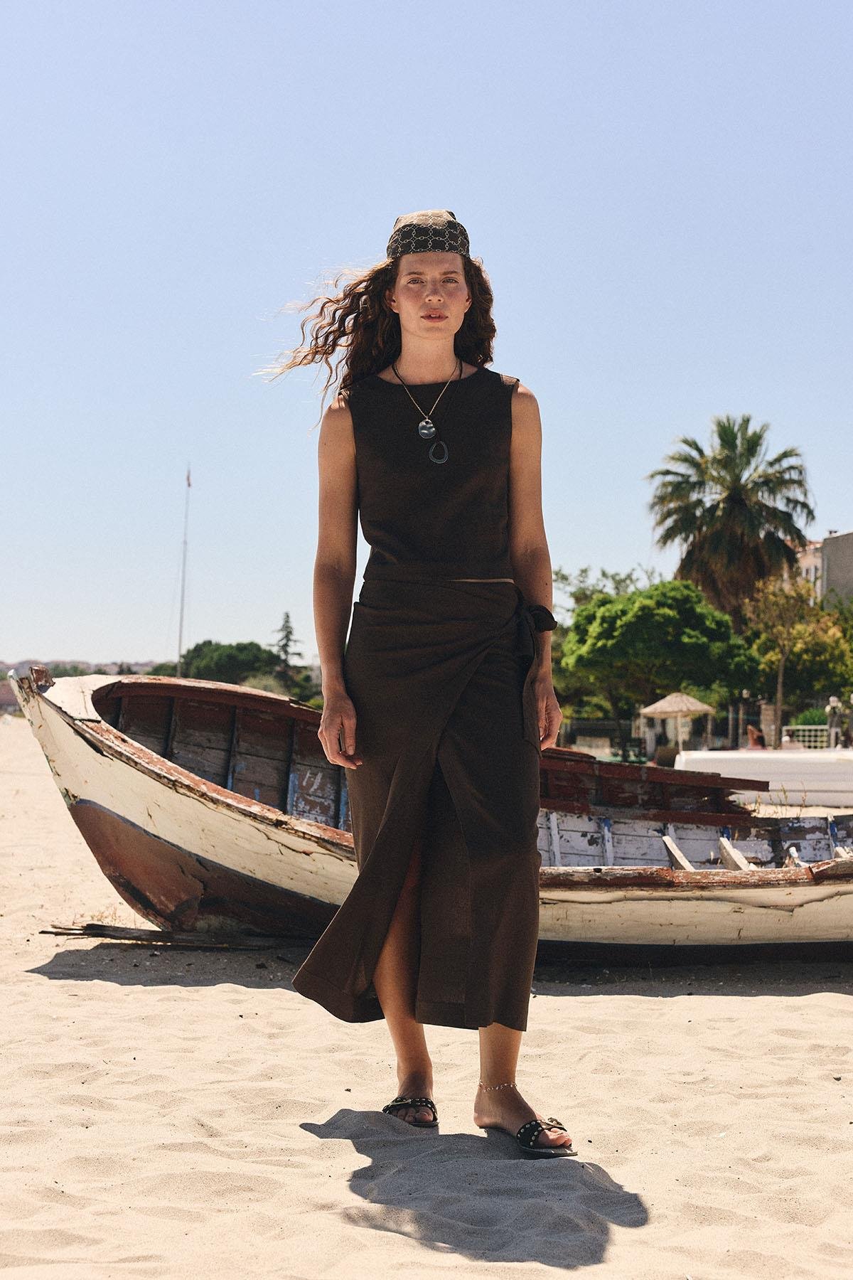 Antioch Kahve Keten Karışımlı Kadın Bluz