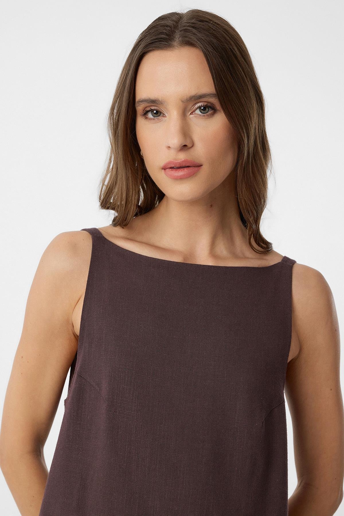 Antioch Kahve Keten Karışımlı Kadın Mini Elbise