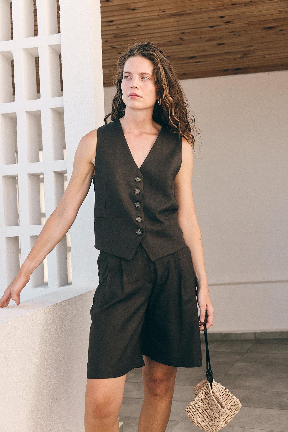 Antioch Kahve Keten Karışımlı Kadın Terzi Yeleği