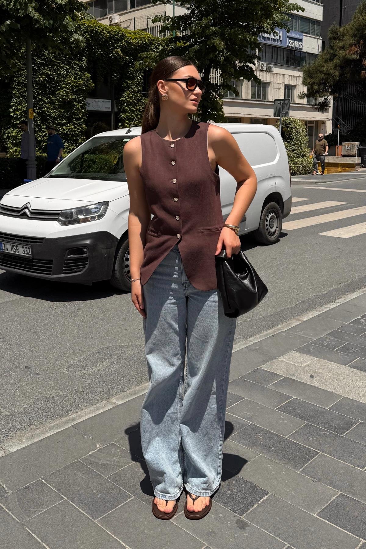 Antioch Kahve Keten Karışımlı Kadın Uzun Yelek