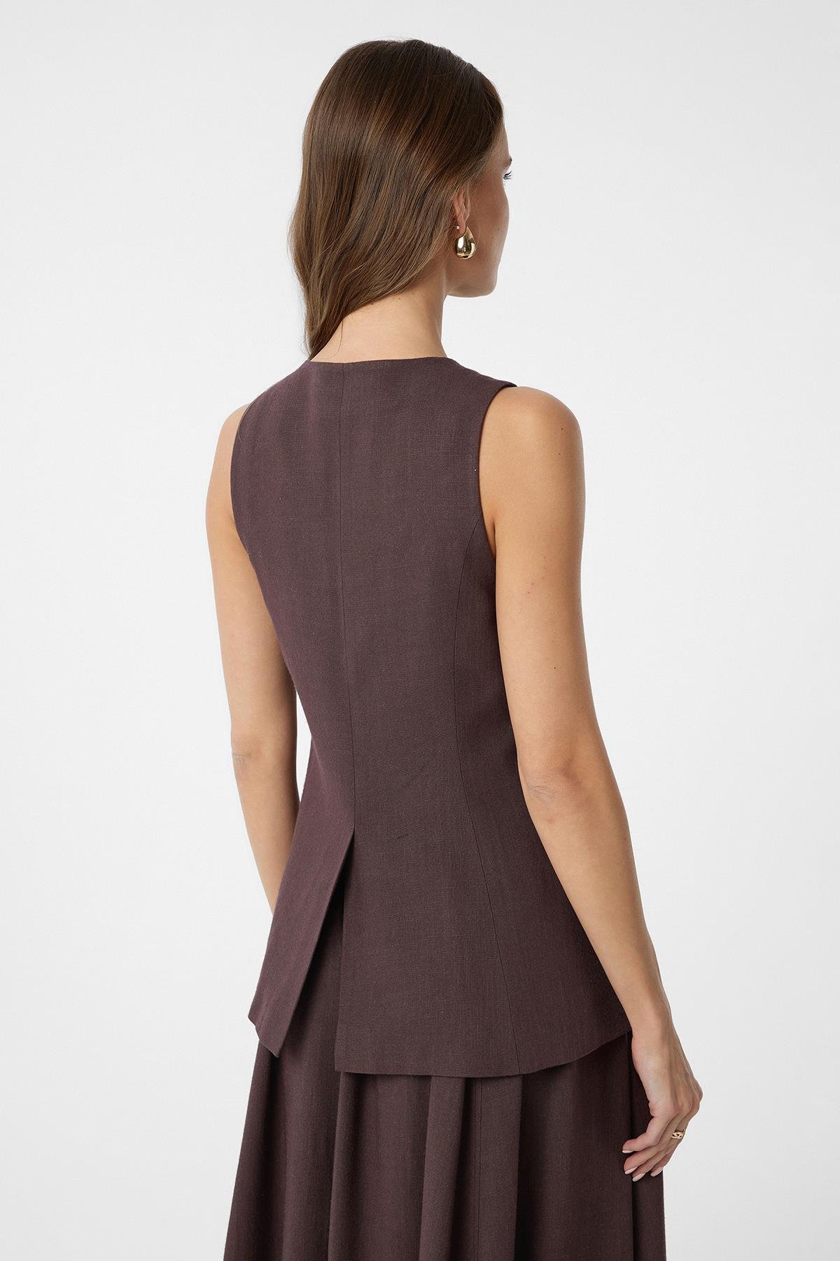 Antioch Kahve Keten Karışımlı Kadın Uzun Yelek