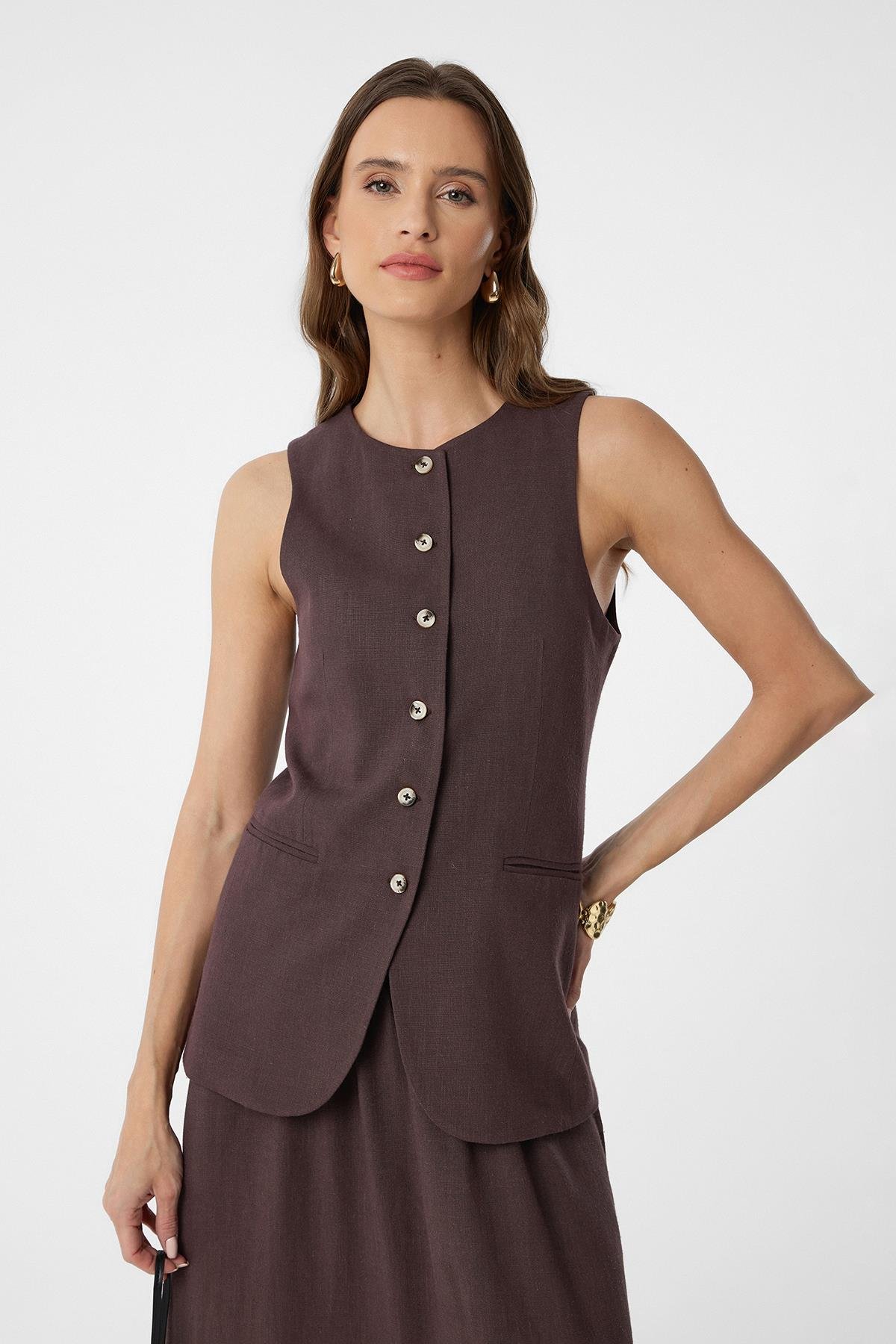 Antioch Kahve Keten Karışımlı Kadın Uzun Yelek