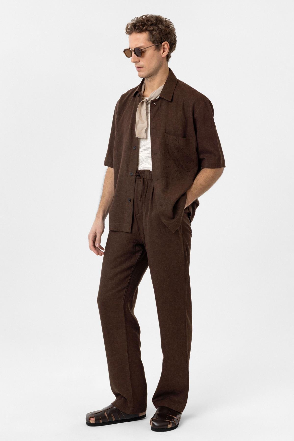 Antioch Kahve Keten Karışımlı Kısa Kollu Erkek Gömlek