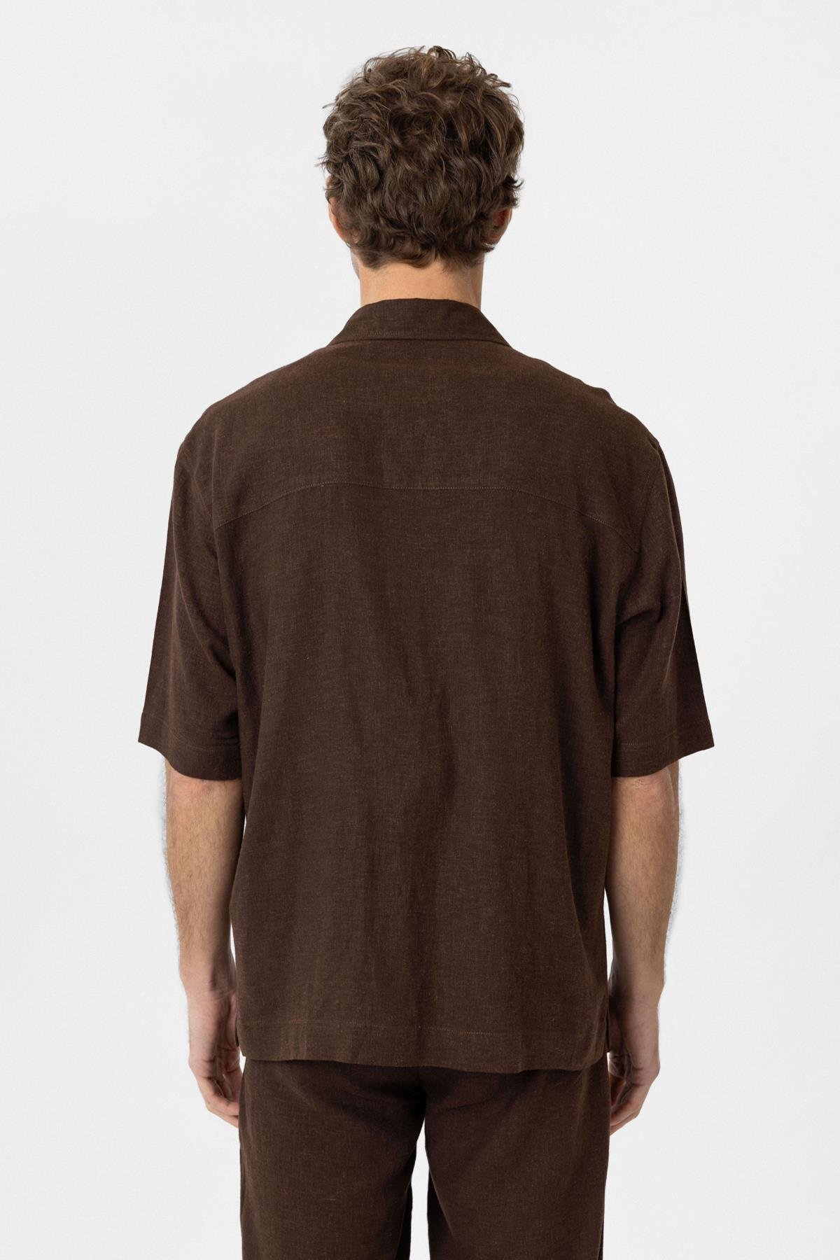Antioch Kahve Keten Karışımlı Kısa Kollu Erkek Gömlek