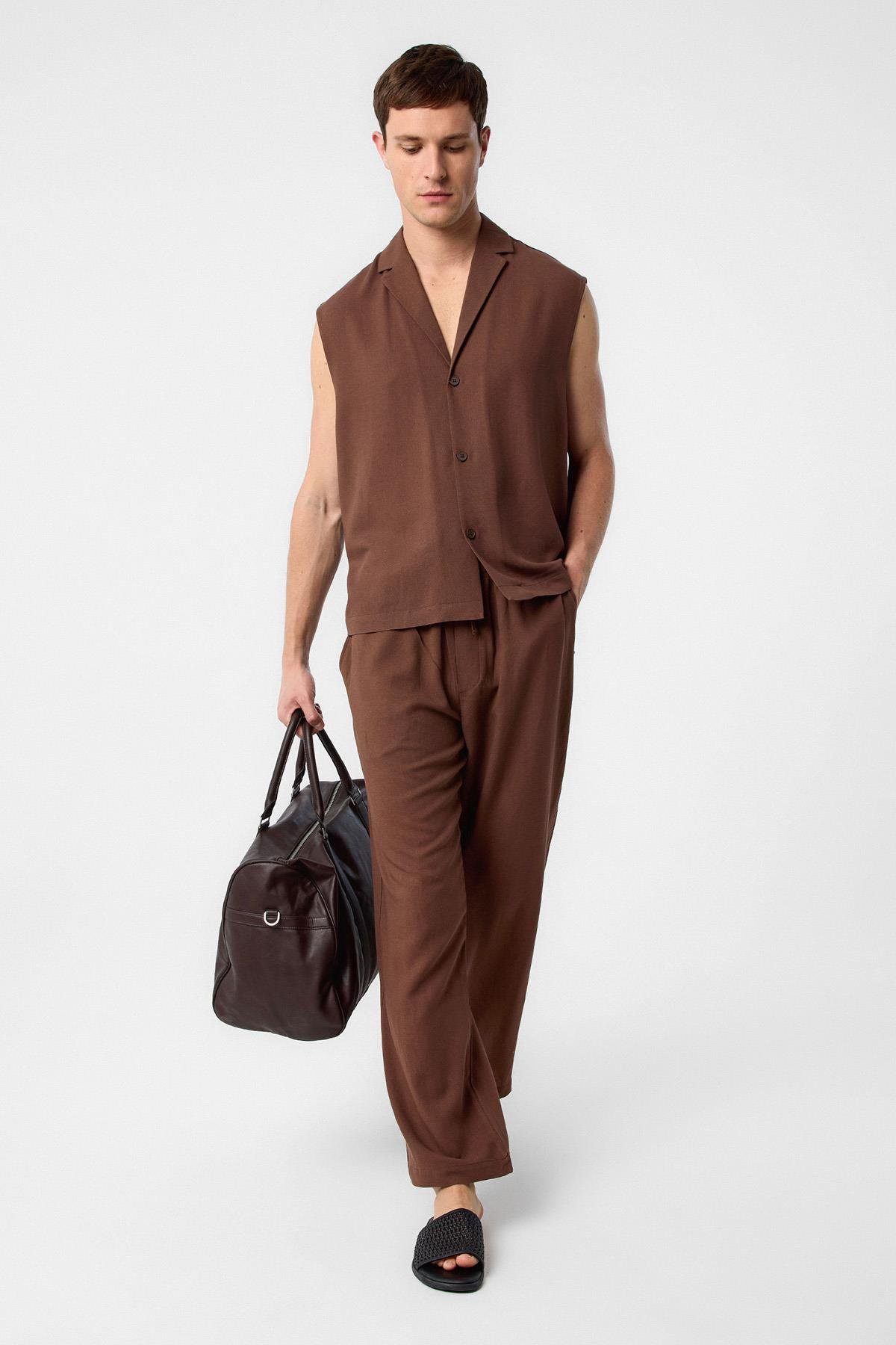 Antioch Kahve Keten Karışımlı Kolsuz Erkek Gömlek