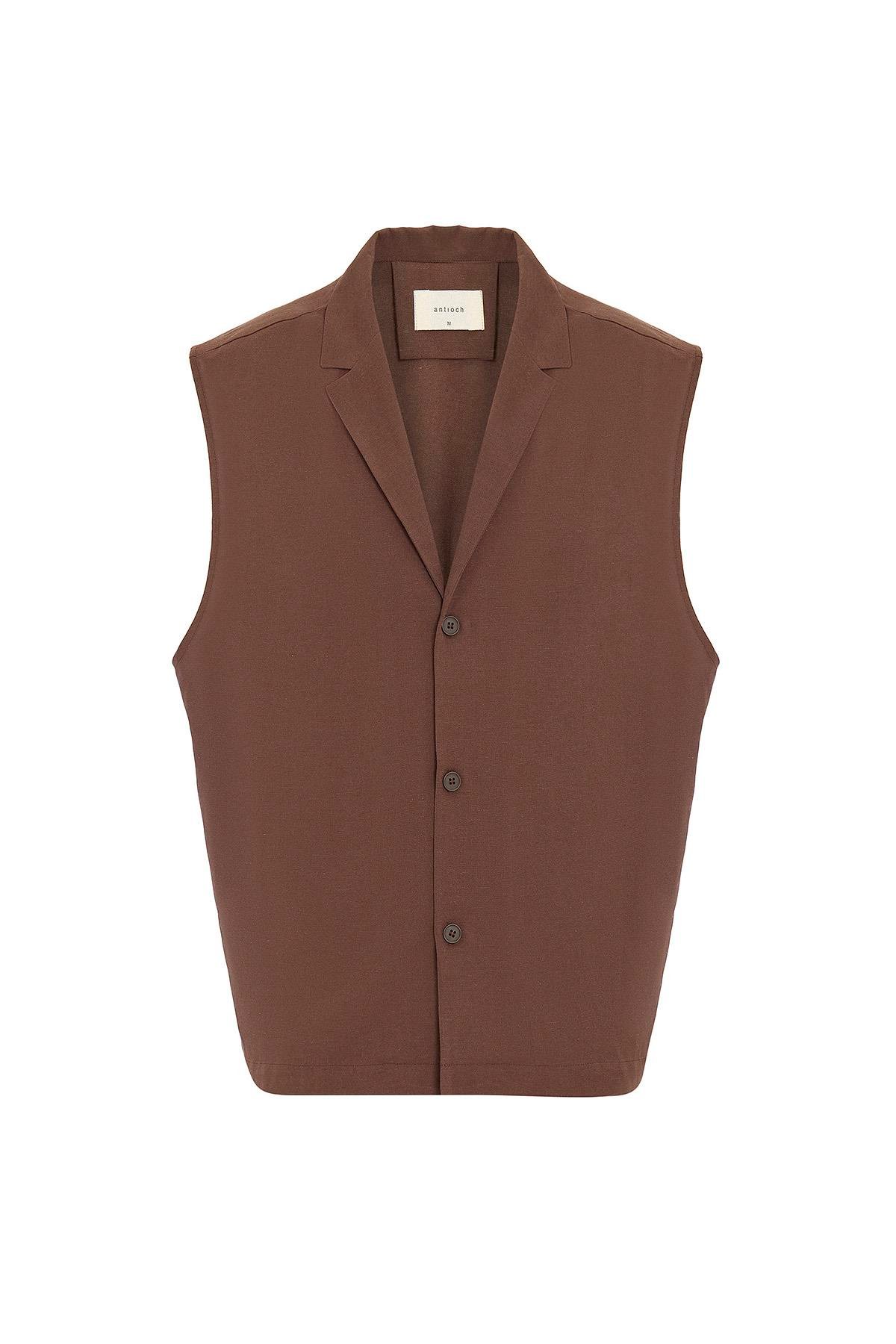 Antioch Kahve Keten Karışımlı Kolsuz Erkek Gömlek