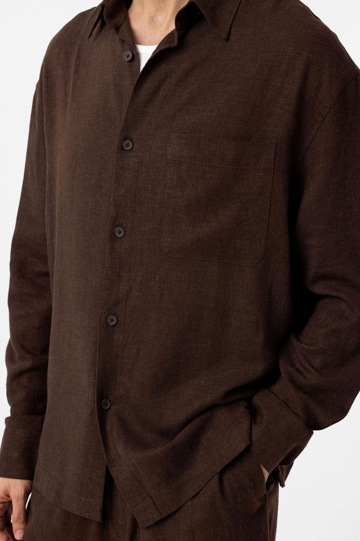 Antioch Kahve Keten Karışımlı Relax Fit Erkek Gömlek