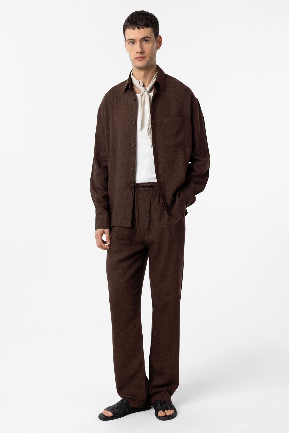 Antioch Kahve Keten Karışımlı Relax Fit Erkek Gömlek