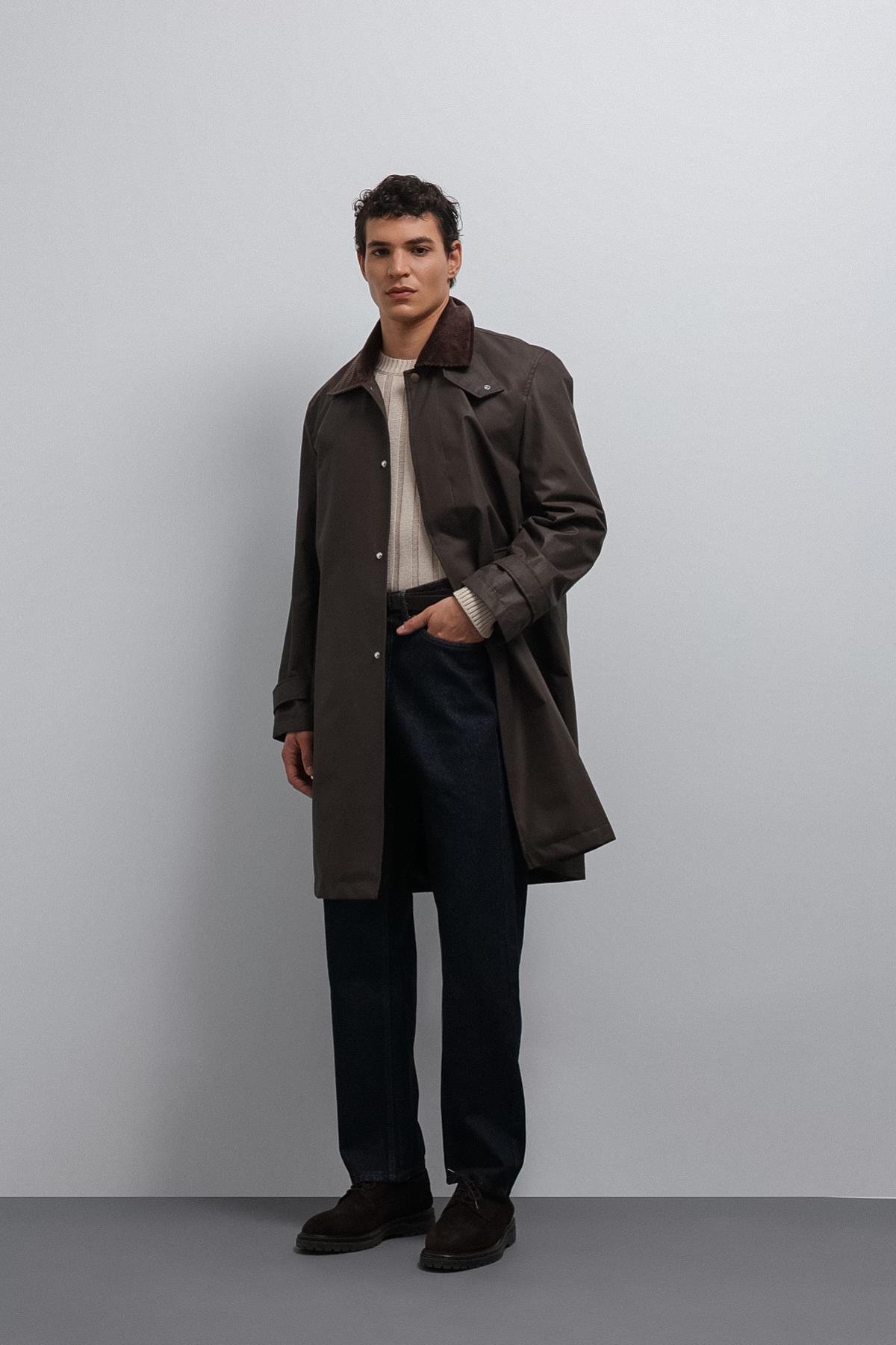 Antioch Kahve Kontrast Yaka Teknik Erkek Trençkot