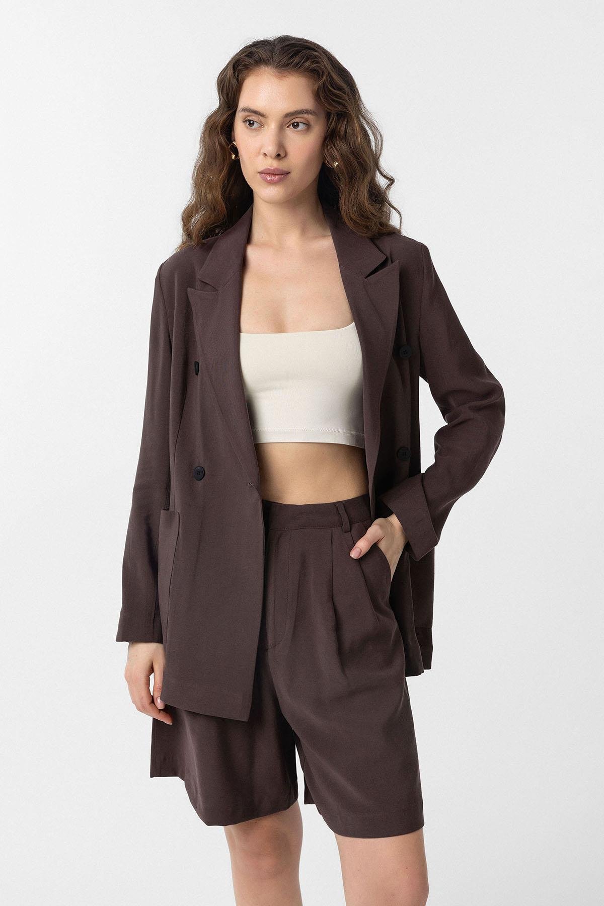 Antioch Kahve Kruvaze Kadın Blazer Ceket