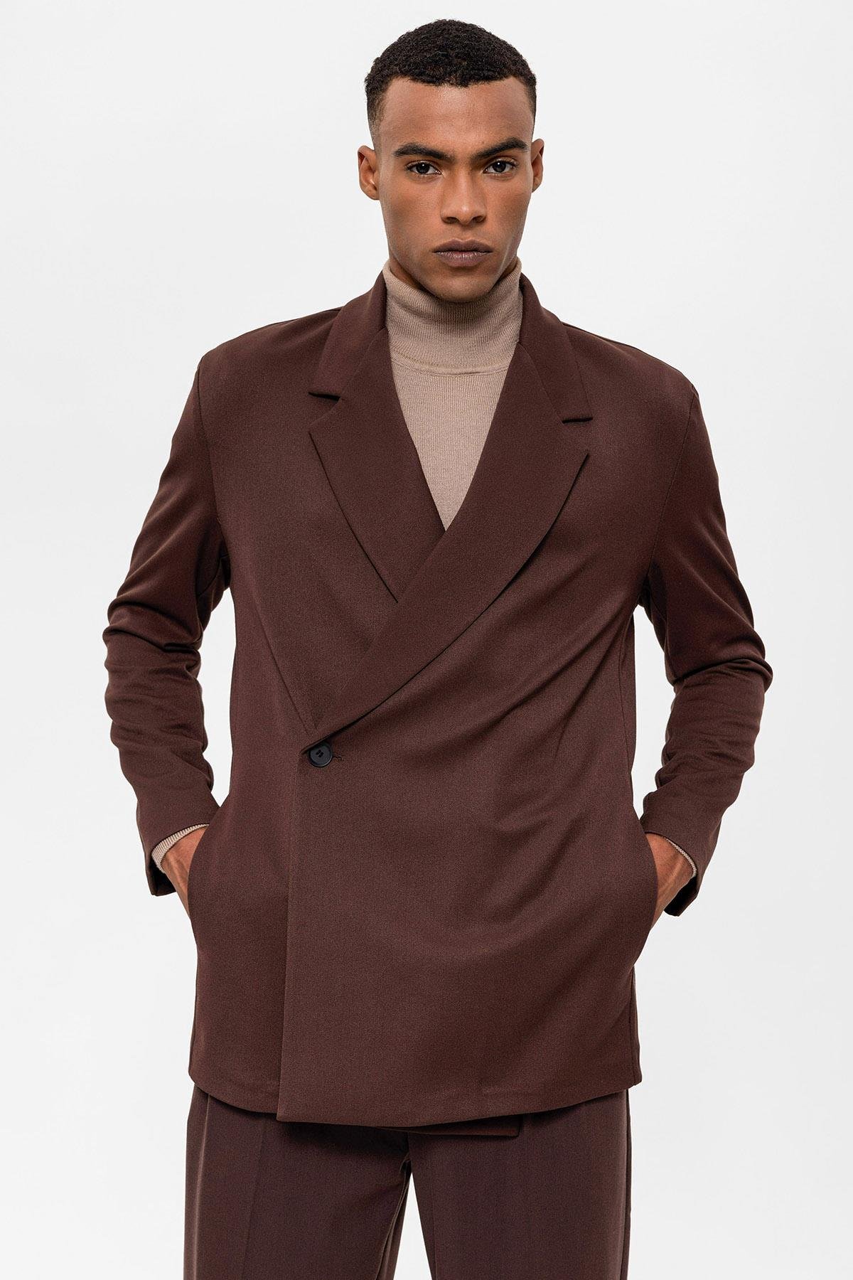 Antioch Kahve Kruvaze Kapama Gizli Cep Erkek Blazer Ceket