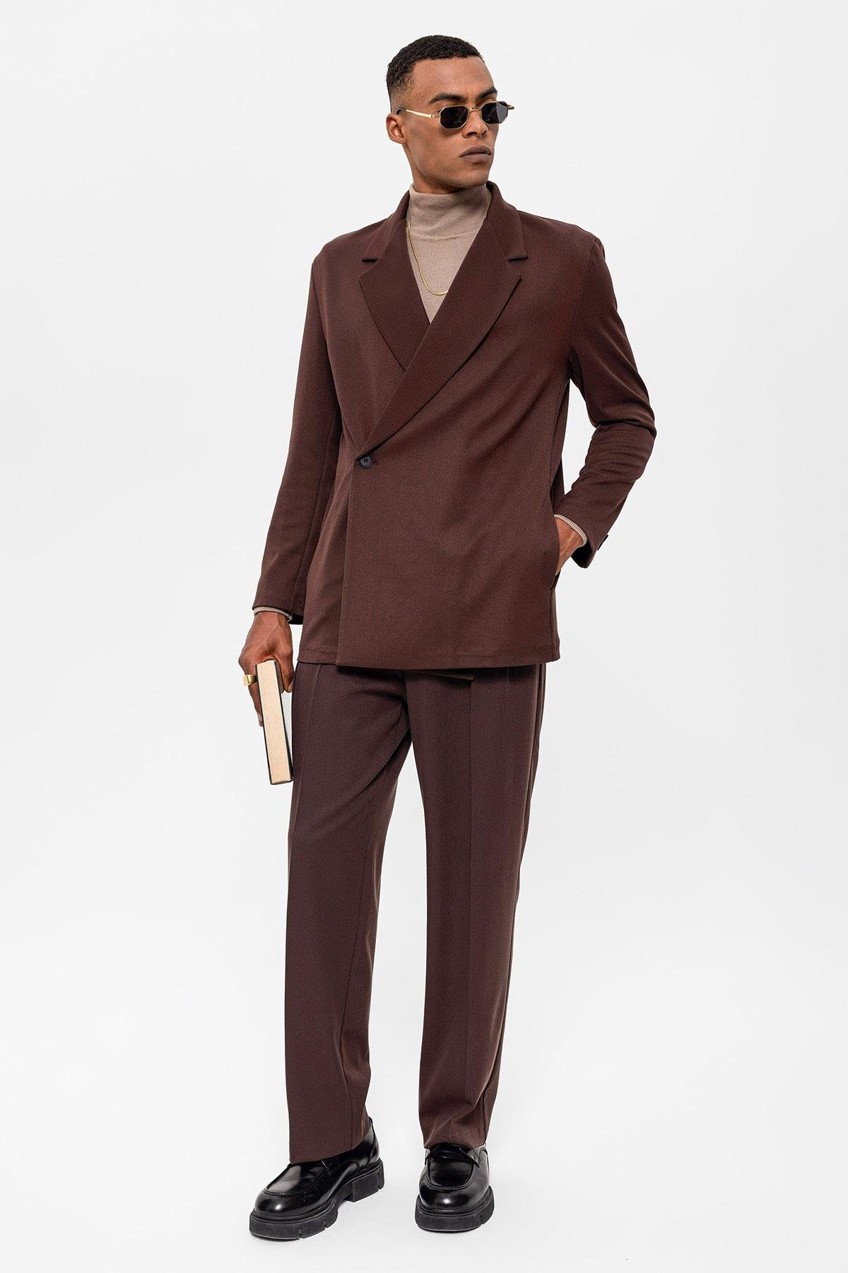 Antioch Kahve Kruvaze Kapama Gizli Cep Erkek Blazer Ceket