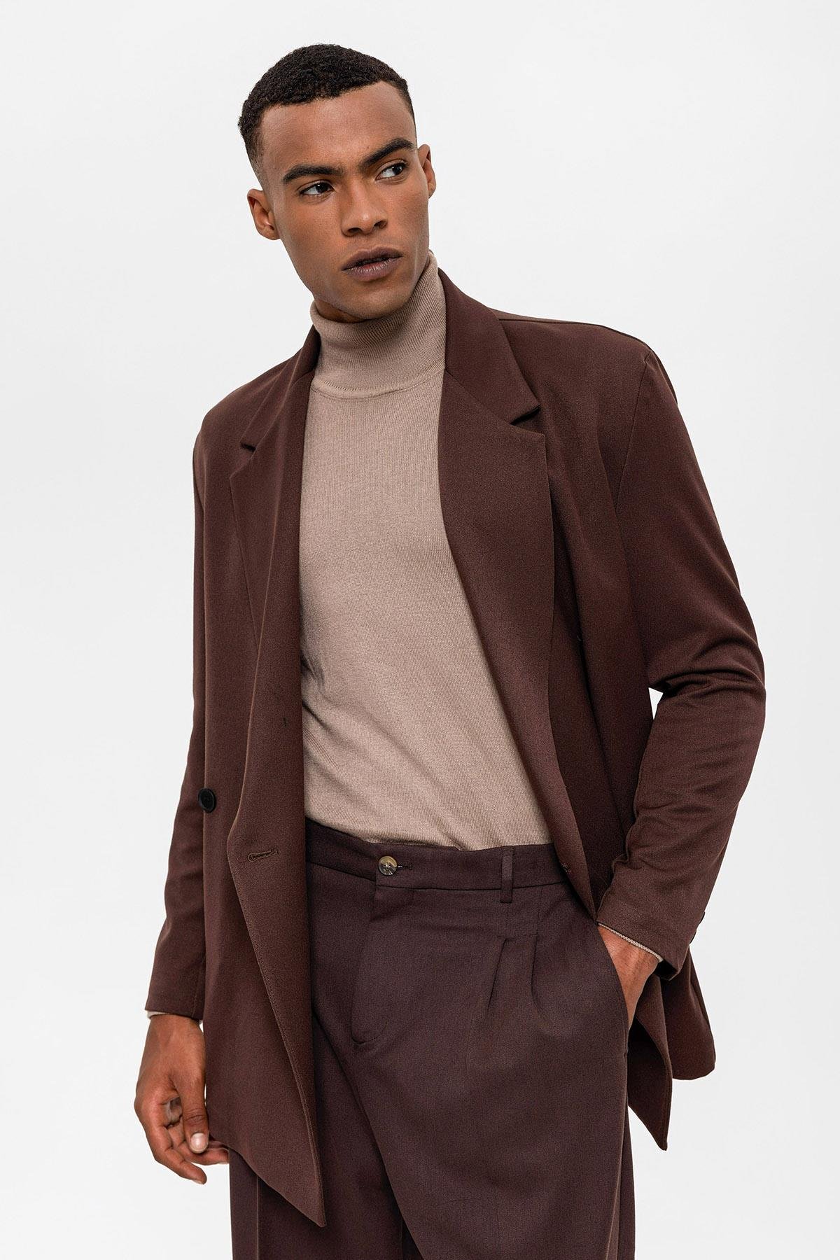 Antioch Kahve Kruvaze Kapama Gizli Cep Erkek Blazer Ceket