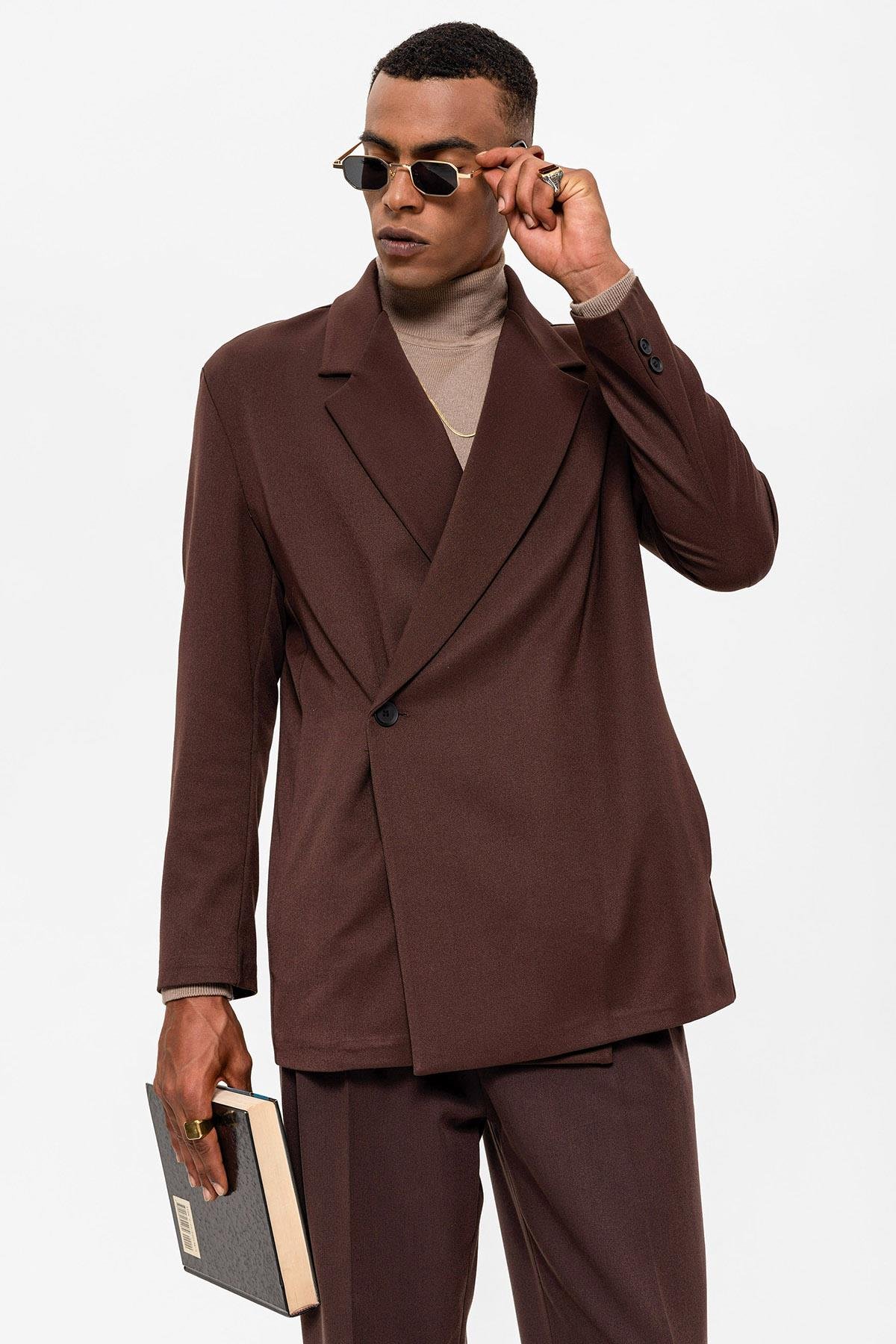 Antioch Kahve Kruvaze Kapama Gizli Cep Erkek Blazer Ceket