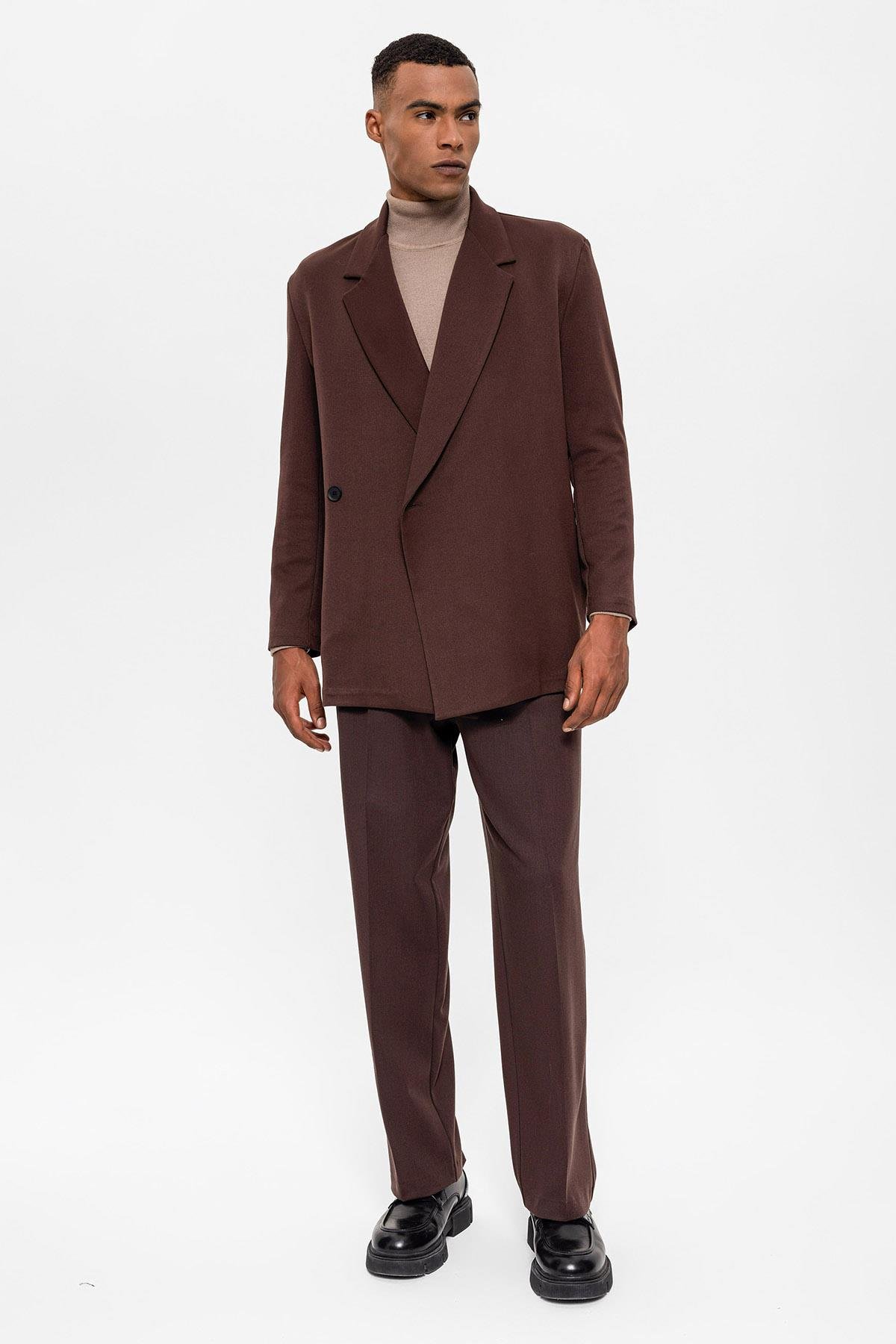 Antioch Kahve Kruvaze Kapama Gizli Cep Erkek Blazer Ceket