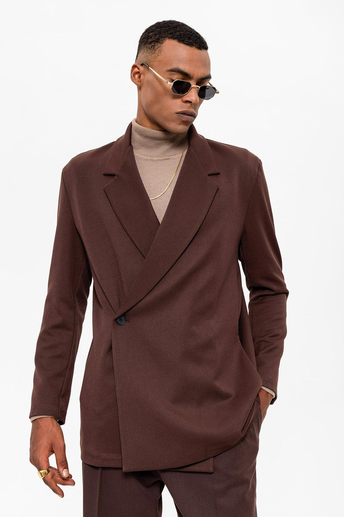 Antioch Kahve Kruvaze Kapama Gizli Cep Erkek Blazer Ceket