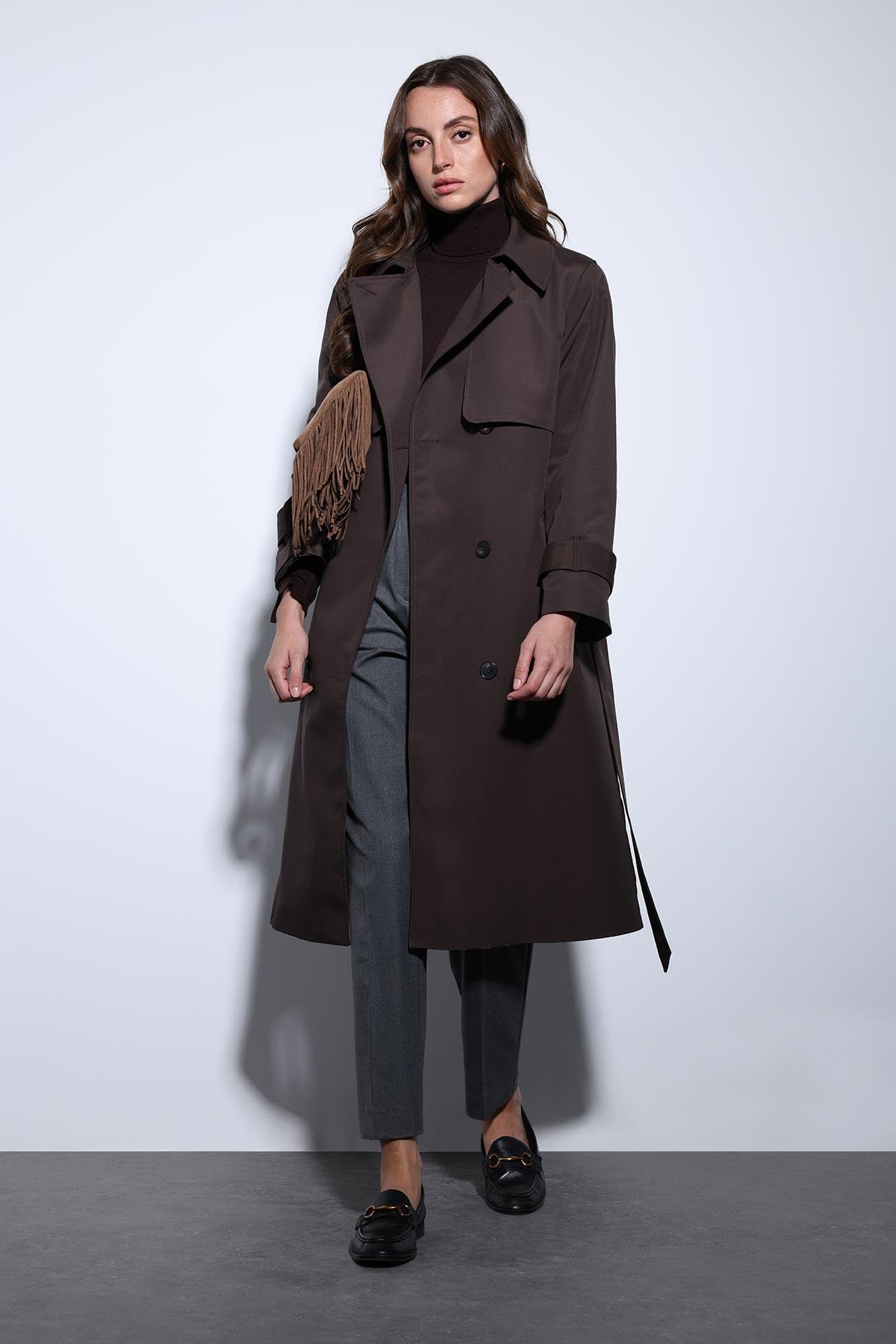 Antioch Kahve Kruvaze Kemerli Kadın Trençkot