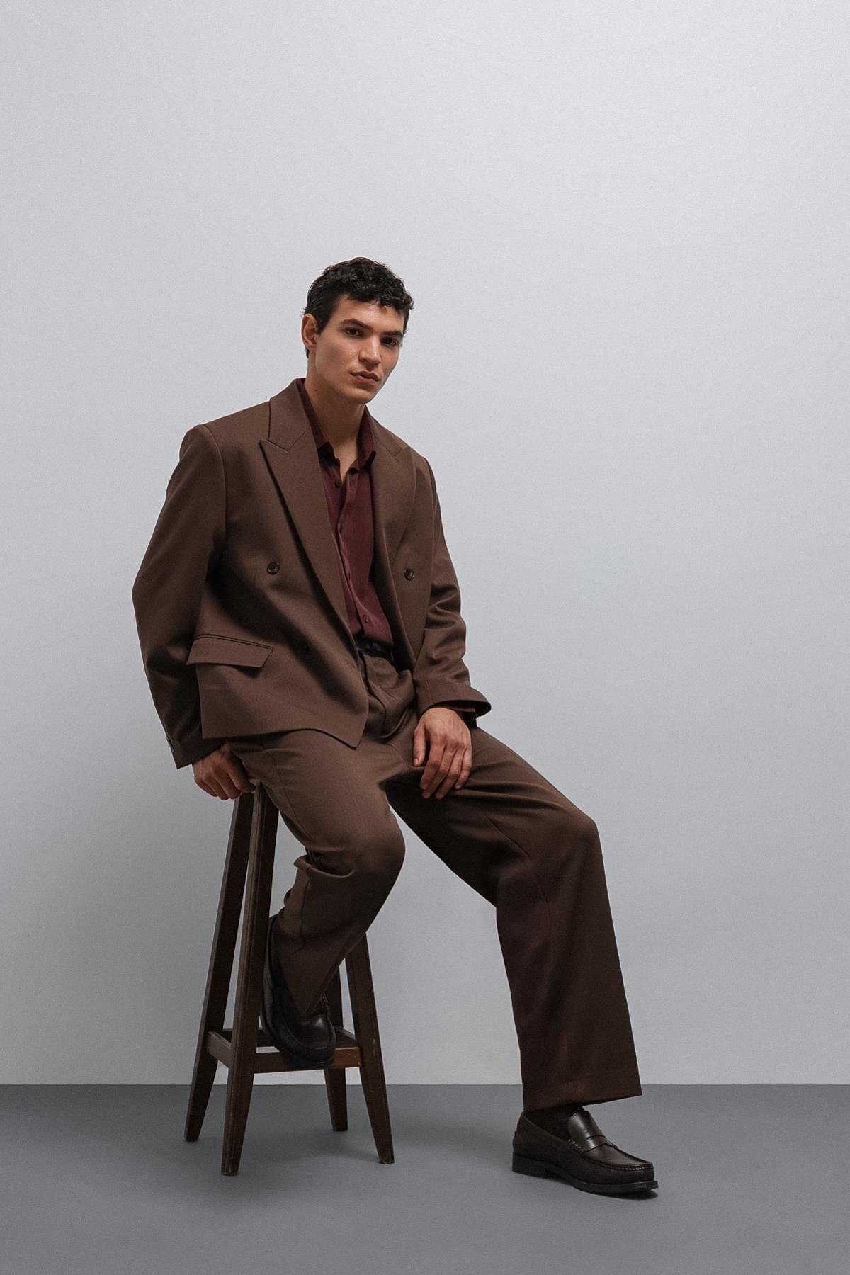 Antioch Kahve Kruvaze Relax Crop Fit Blazer Ceket