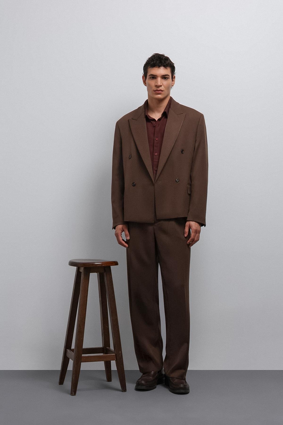 Antioch Kahve Kruvaze Relax Crop Fit Blazer Ceket