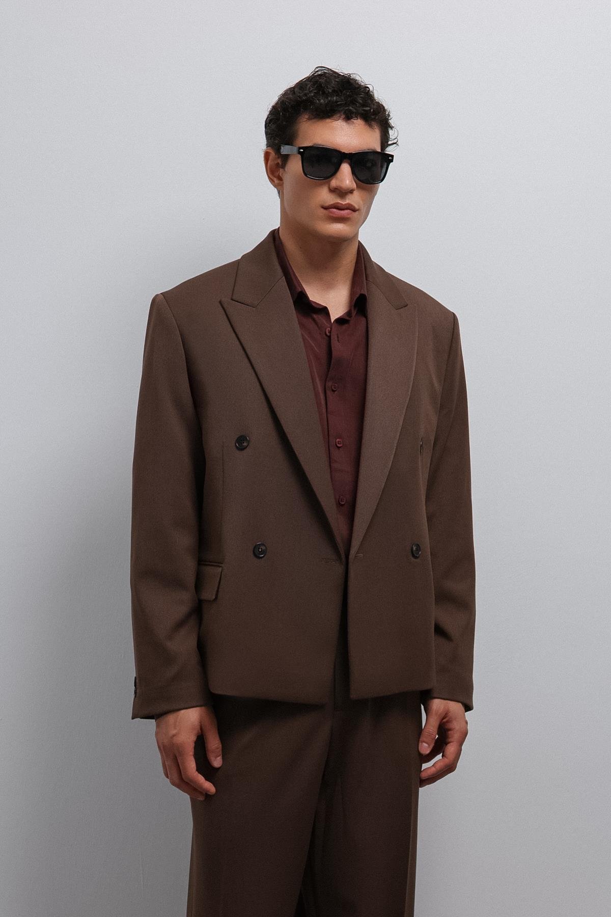 Antioch Kahve Kruvaze Relax Crop Fit Blazer Ceket