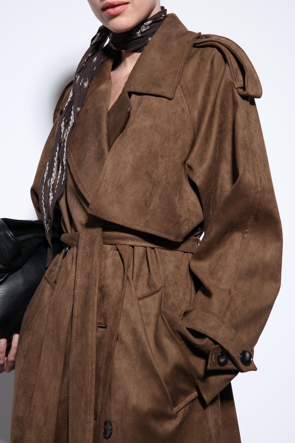 Antioch Kahve Kruvaze Süet Görünümlü Premium Kadın Trençkot