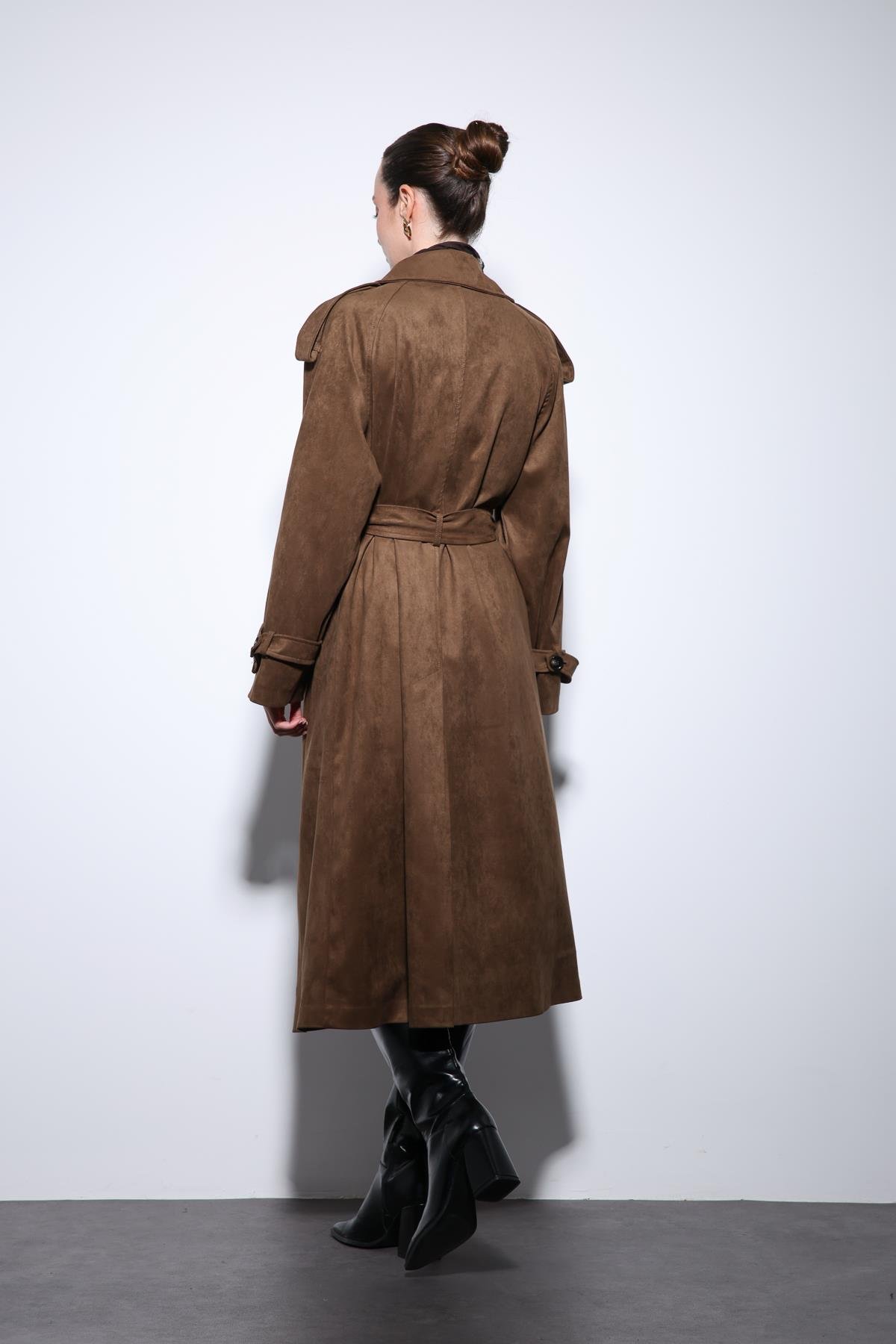 Antioch Kahve Kruvaze Süet Görünümlü Premium Kadın Trençkot