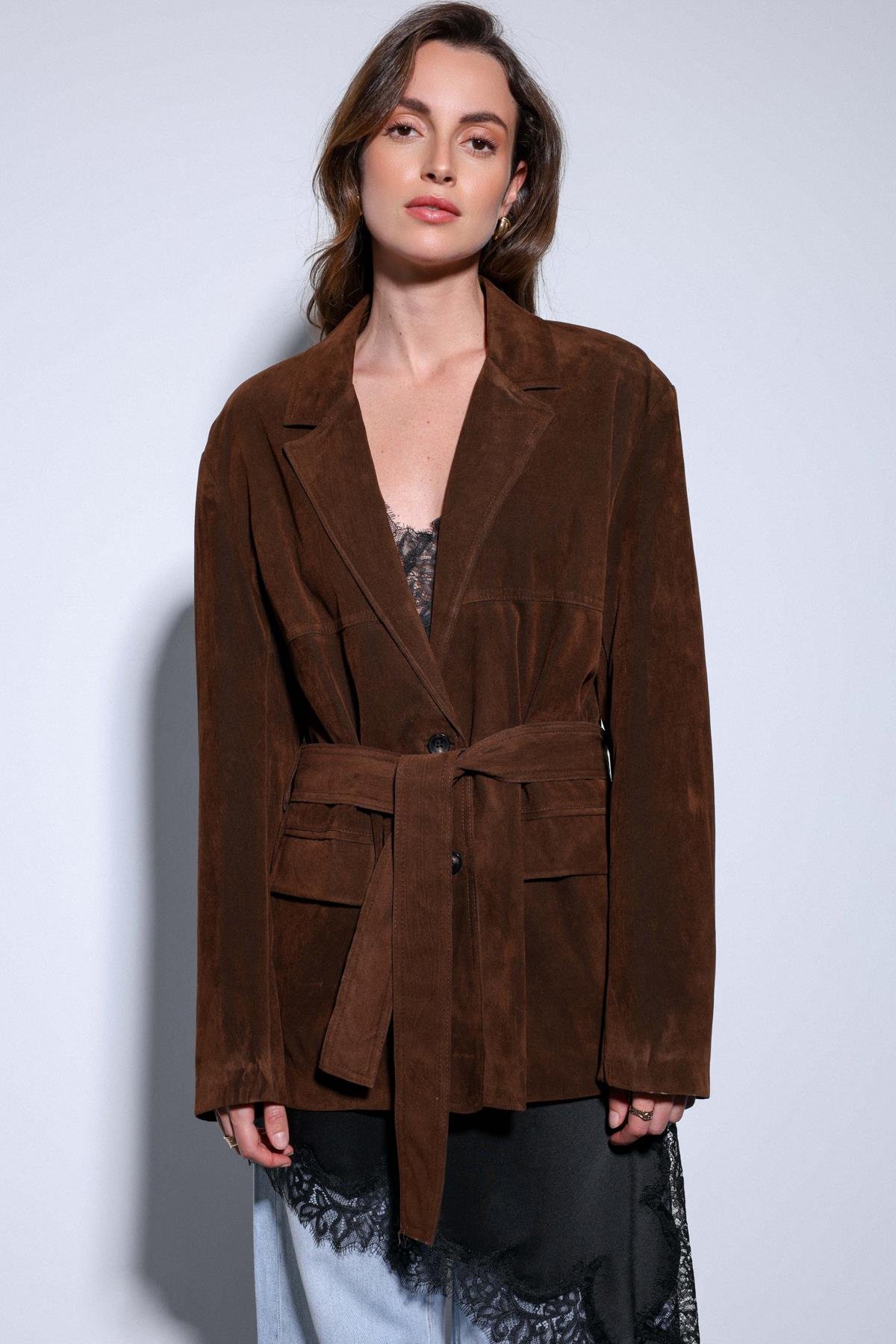 Antioch Kahve Kuşak Bağlamalı Süet Kadın Ceket