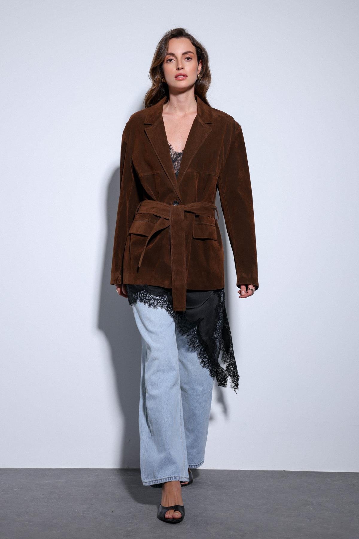 Antioch Kahve Kuşak Bağlamalı Süet Kadın Ceket