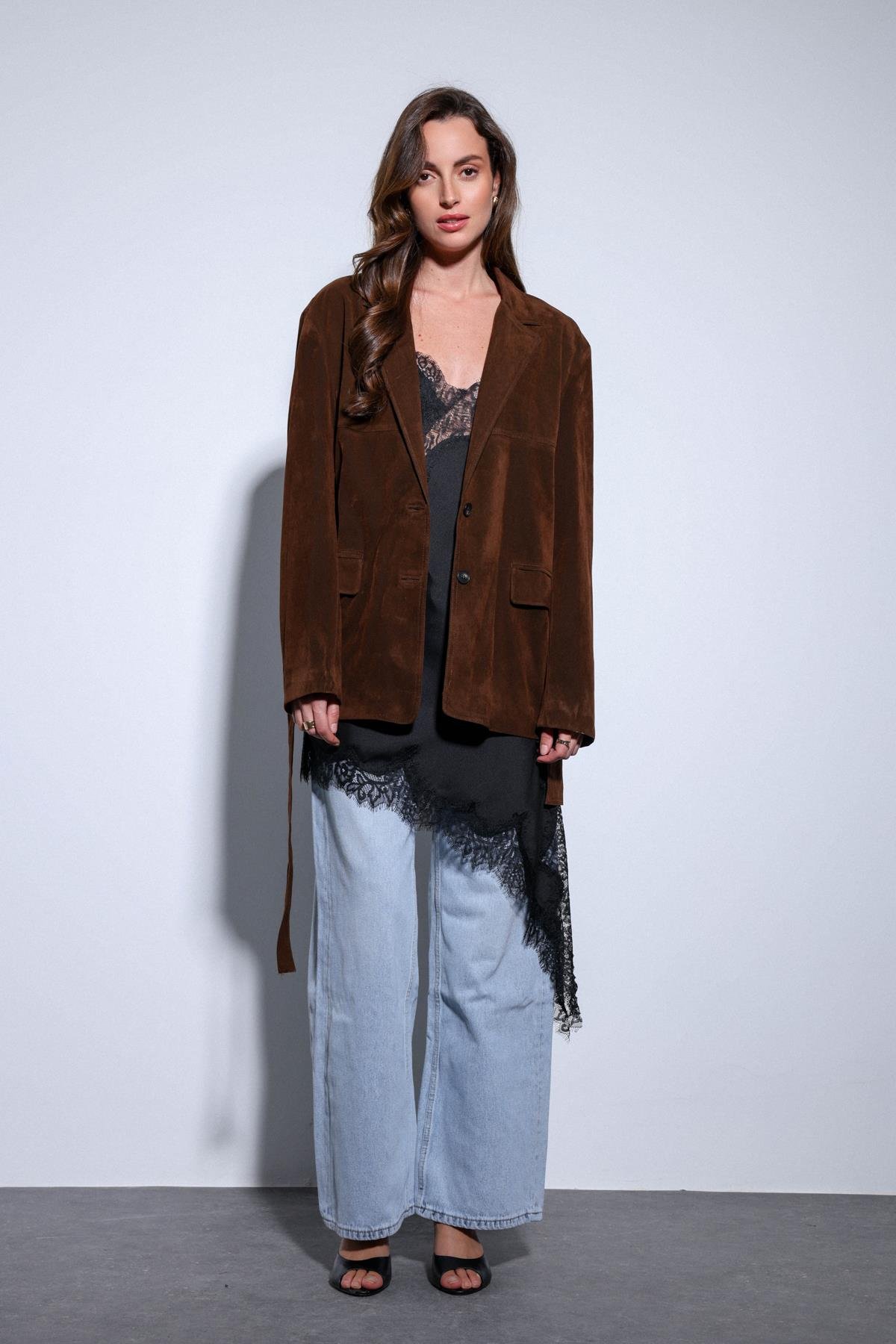 Antioch Kahve Kuşak Bağlamalı Süet Kadın Ceket