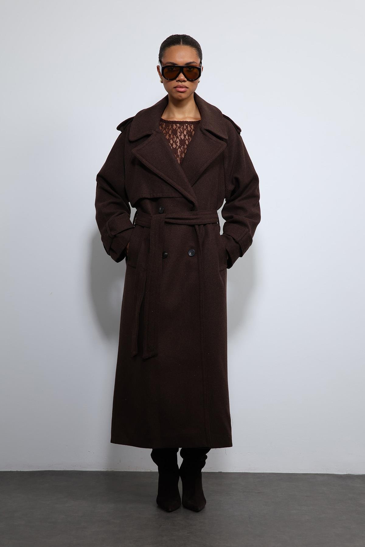 Antioch Kahve Oversize Kemerli Kaban