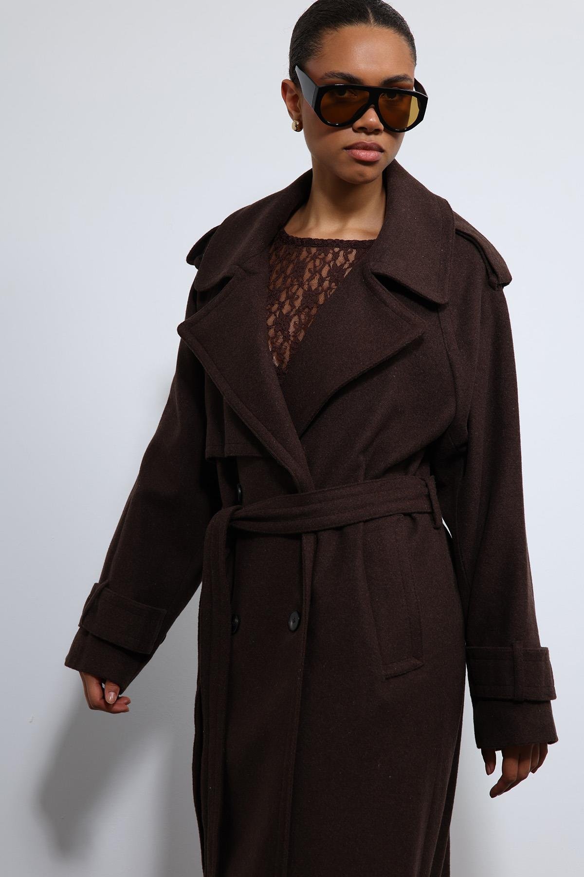 Antioch Kahve Oversize Kemerli Kaban