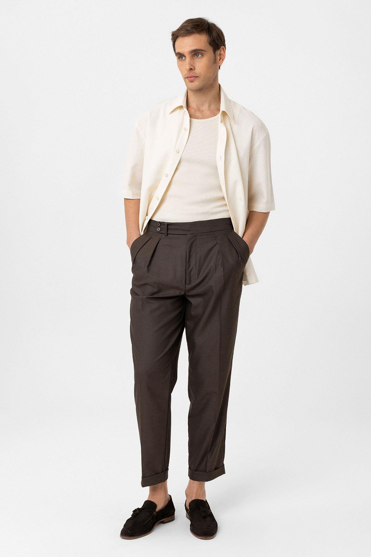 Antioch Kahve Pileli Yüksek Bel Erkek Pantolon