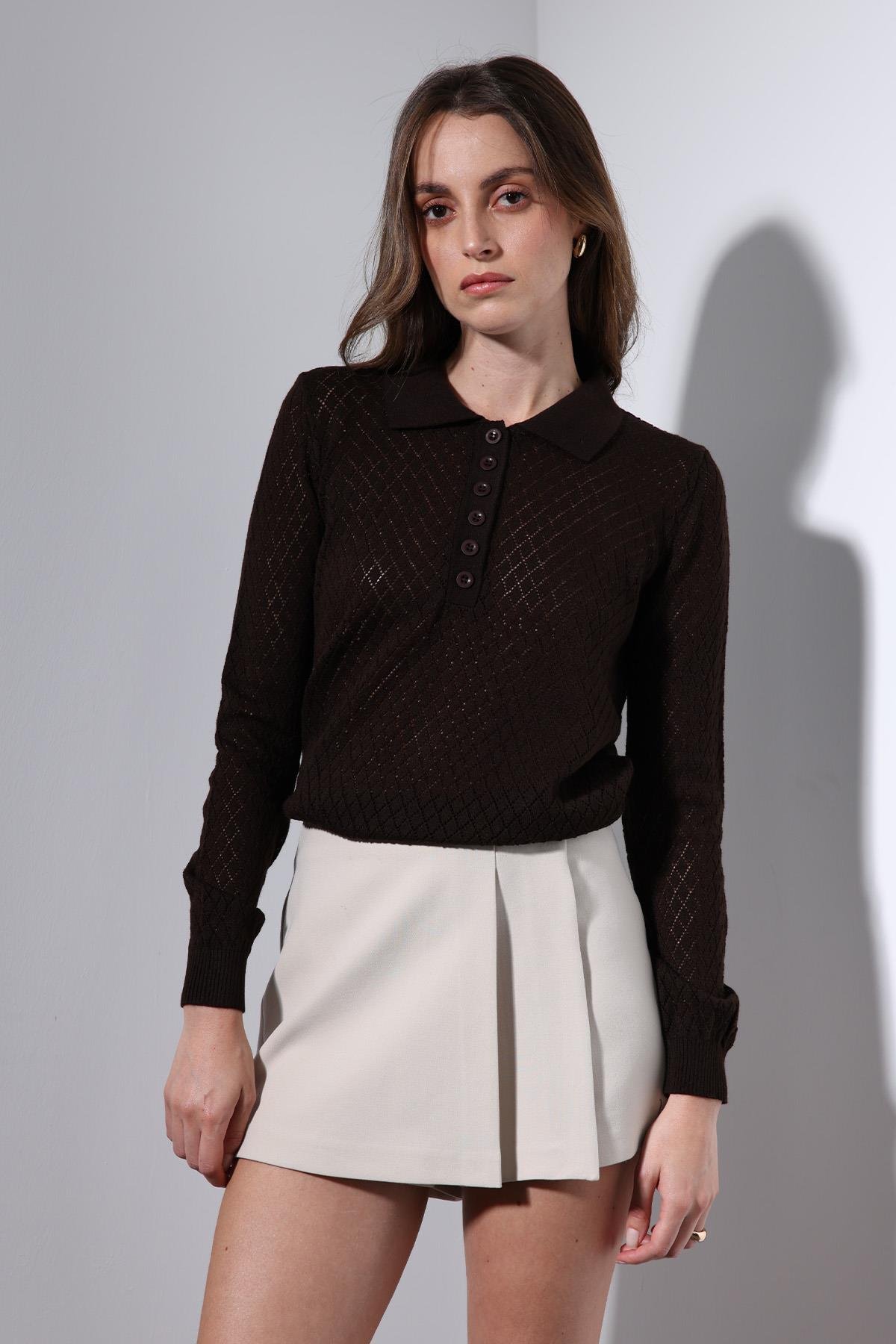 Antioch Kahve Polo Yaka Desenli Triko Kadın Kazak