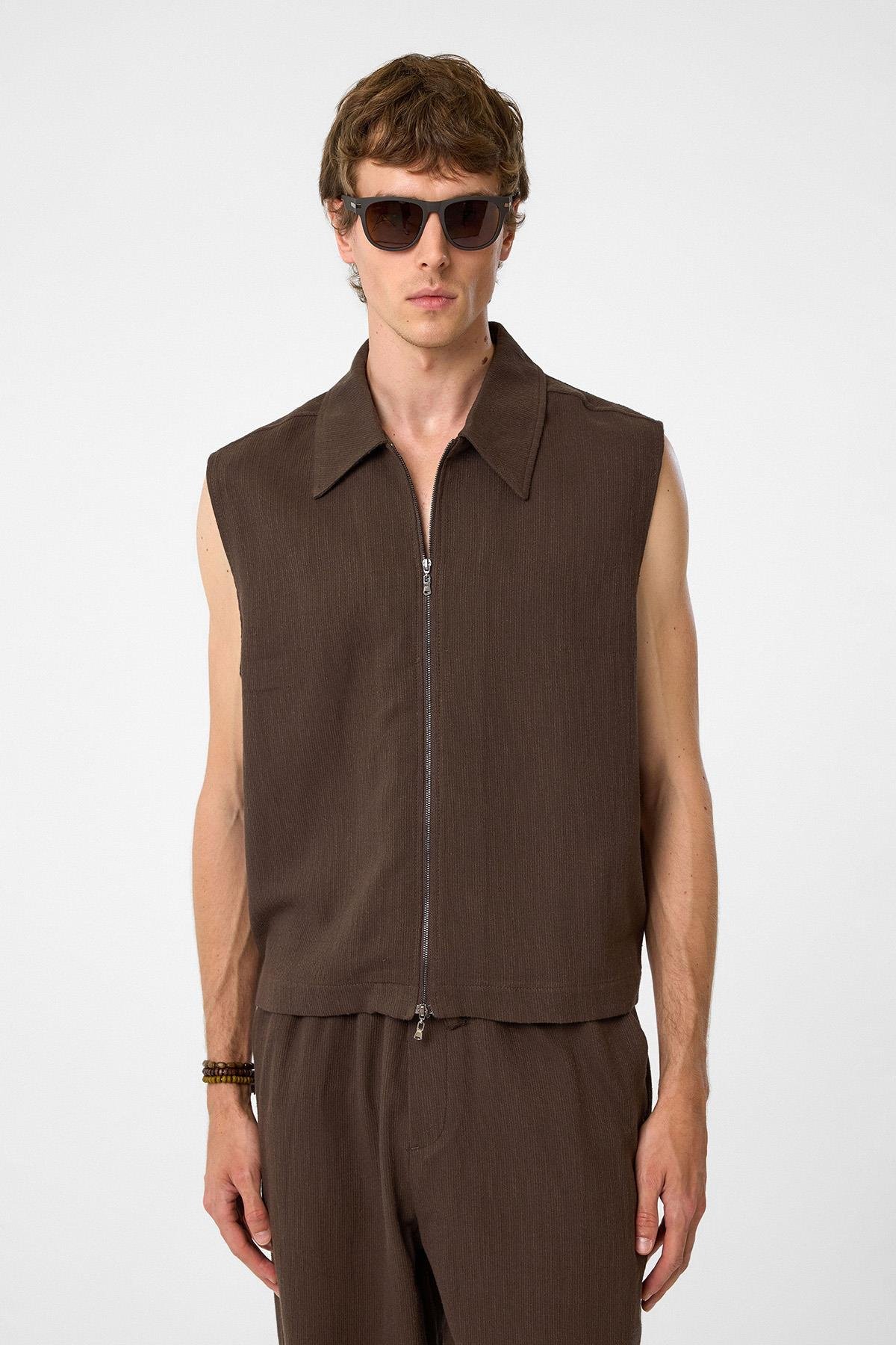 Antioch Kahve Polo Yaka Dokulu Erkek Yelek