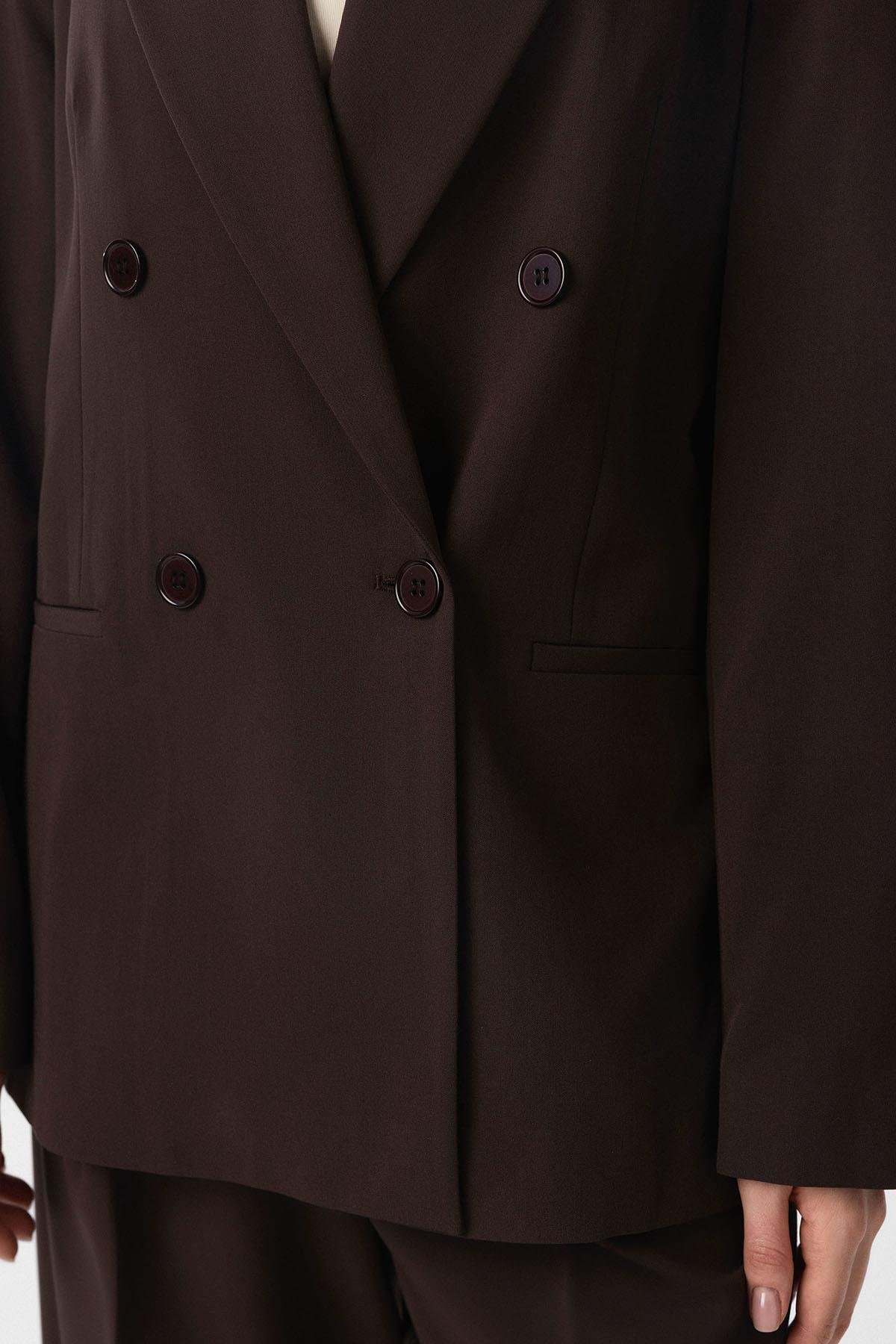 Antioch Kahve Regular Fit Kruvaze Kadın Blazer Ceket