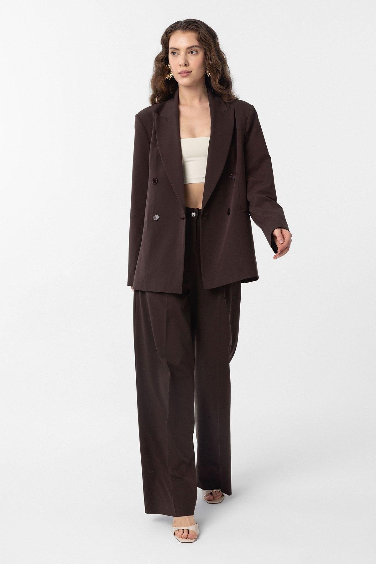 Antioch Kahve Regular Fit Kruvaze Kadın Blazer Ceket