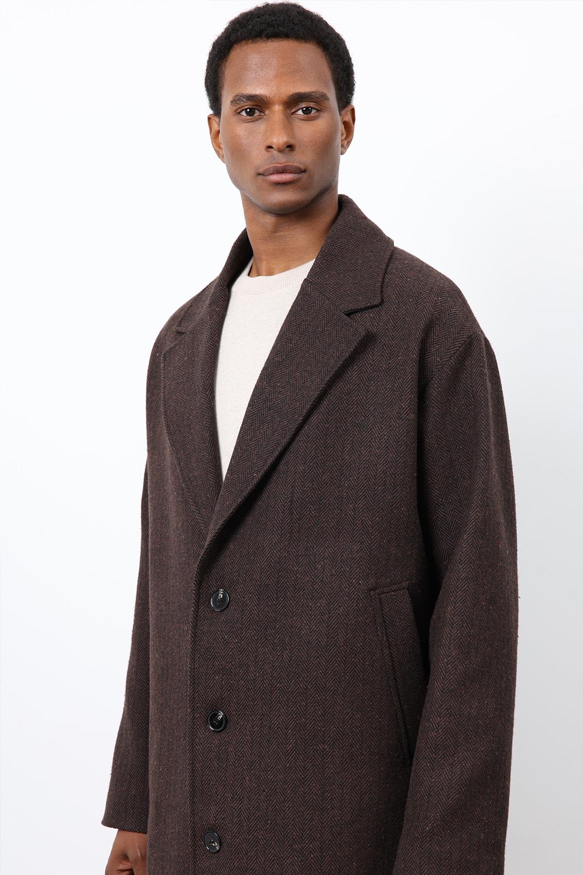 Antioch Kahve Relax Fit Balıksırtı Desenli Erkek Kaban