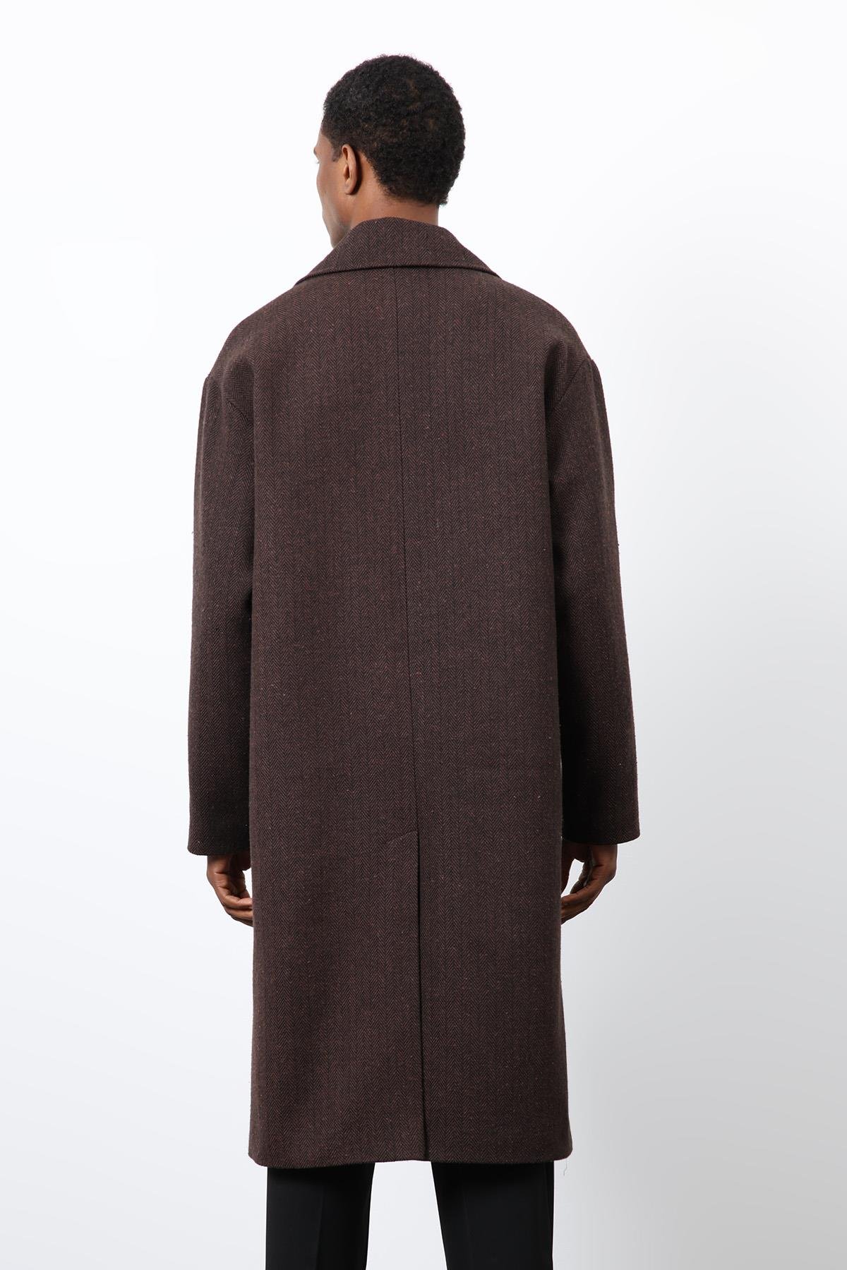 Antioch Kahve Relax Fit Balıksırtı Desenli Erkek Kaban