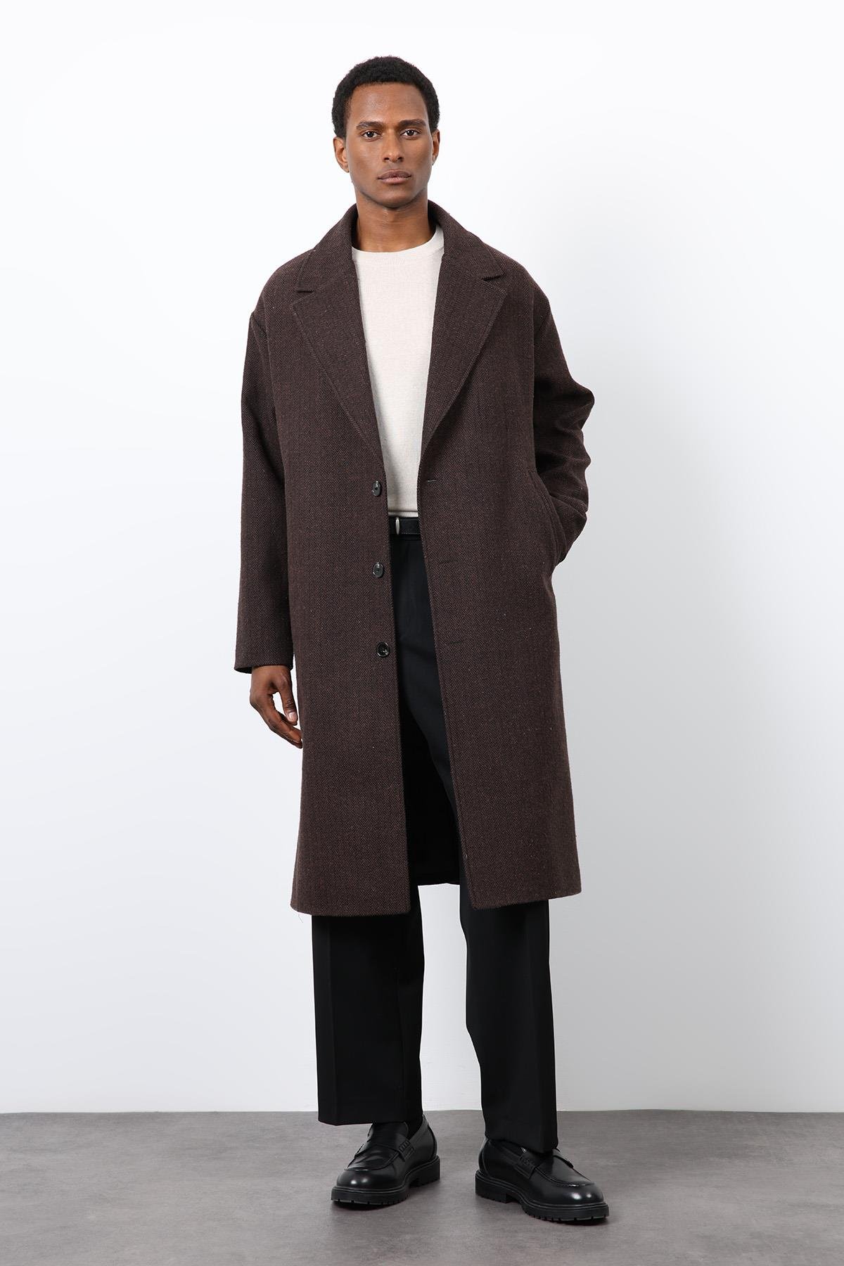 Antioch Kahve Relax Fit Balıksırtı Desenli Erkek Kaban