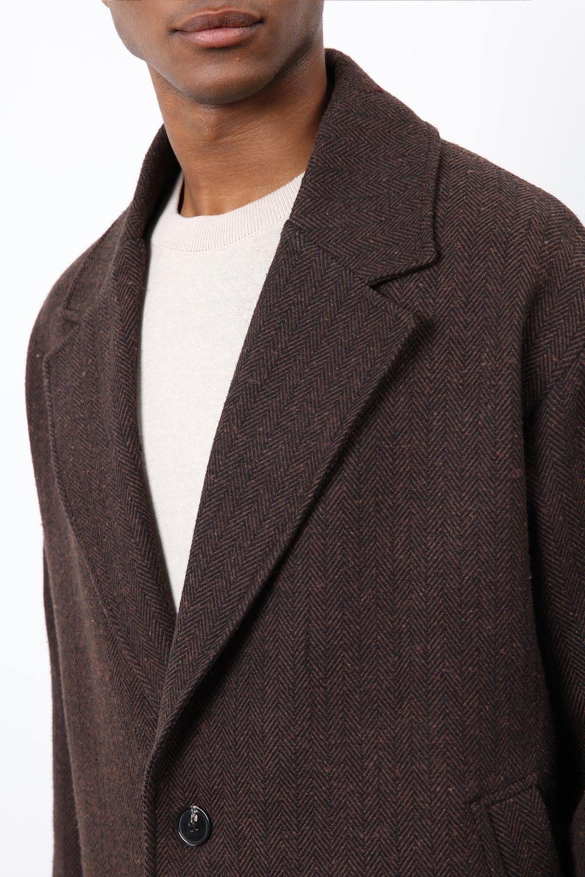 Antioch Kahve Relax Fit Balıksırtı Desenli Erkek Kaban