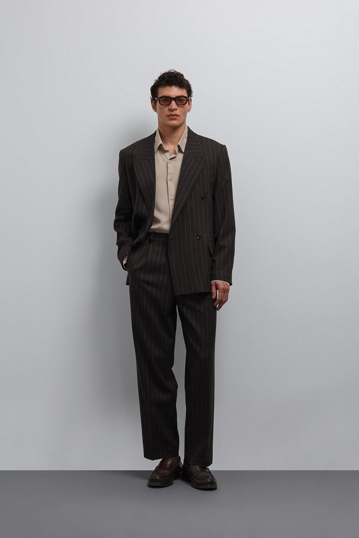 Antioch Kahve Relax Fit Çizgili Erkek Pantolon