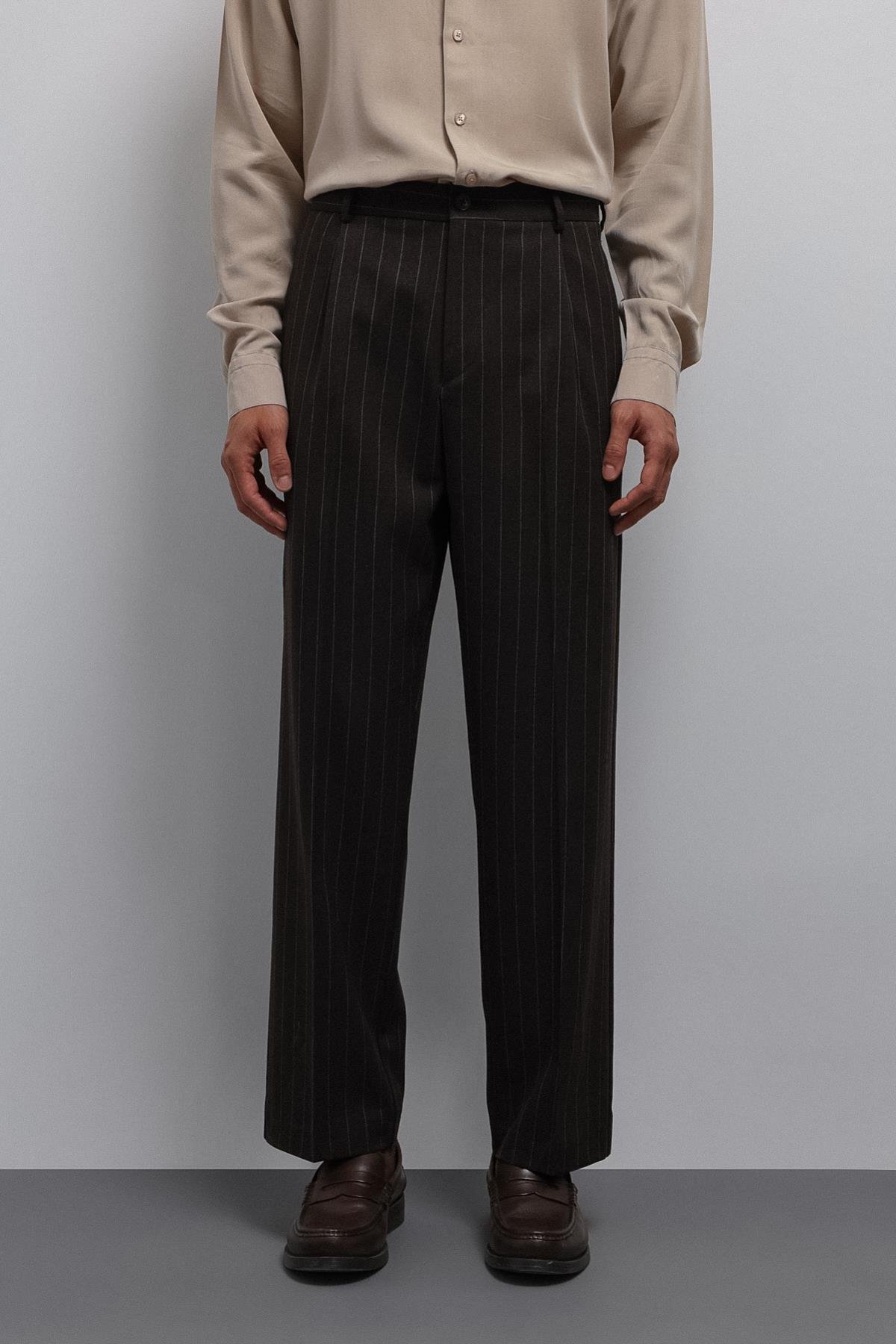 Antioch Kahve Relax Fit Çizgili Erkek Pantolon