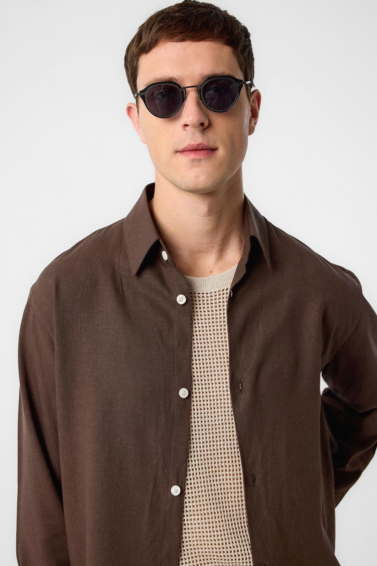 Antioch Kahve Relax Fit Keten Karışımlı Erkek Gömlek